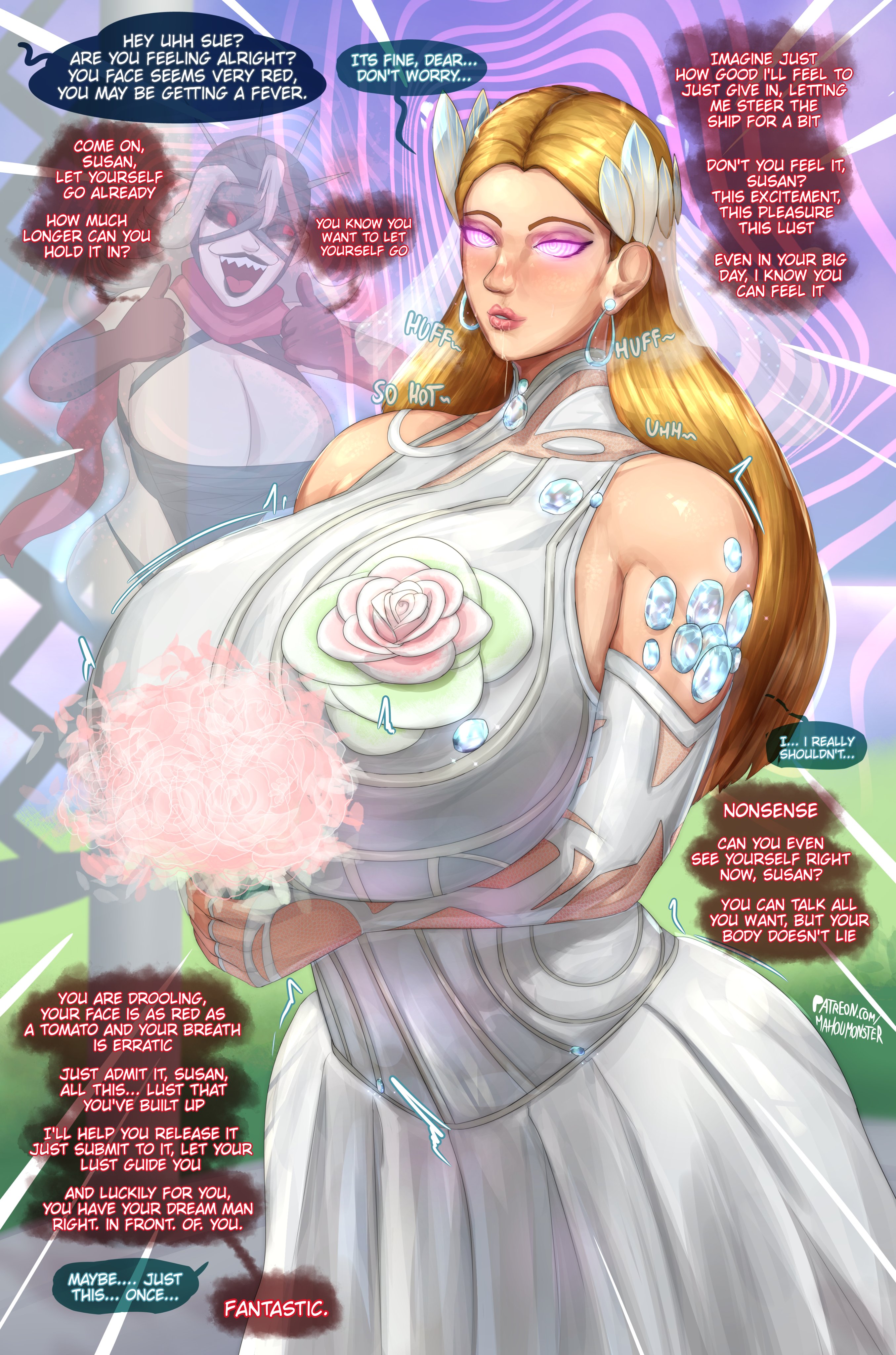 1girls, breasts, dialogue, drooling, english text, fantastic four, female, female only, gigantic breasts, huge breasts, hypnosis, invisible woman, invisible woman (marvel rivals), invisible woman (the life fantastic), mahou monster, malice (marvel rivals), malice (marvel), marvel, marvel comics, marvel rivals, massive breasts, mr fantastic, offscreen character, patreon link, patreon logo, patreon url, reed richards, standing, sue storm, text, url