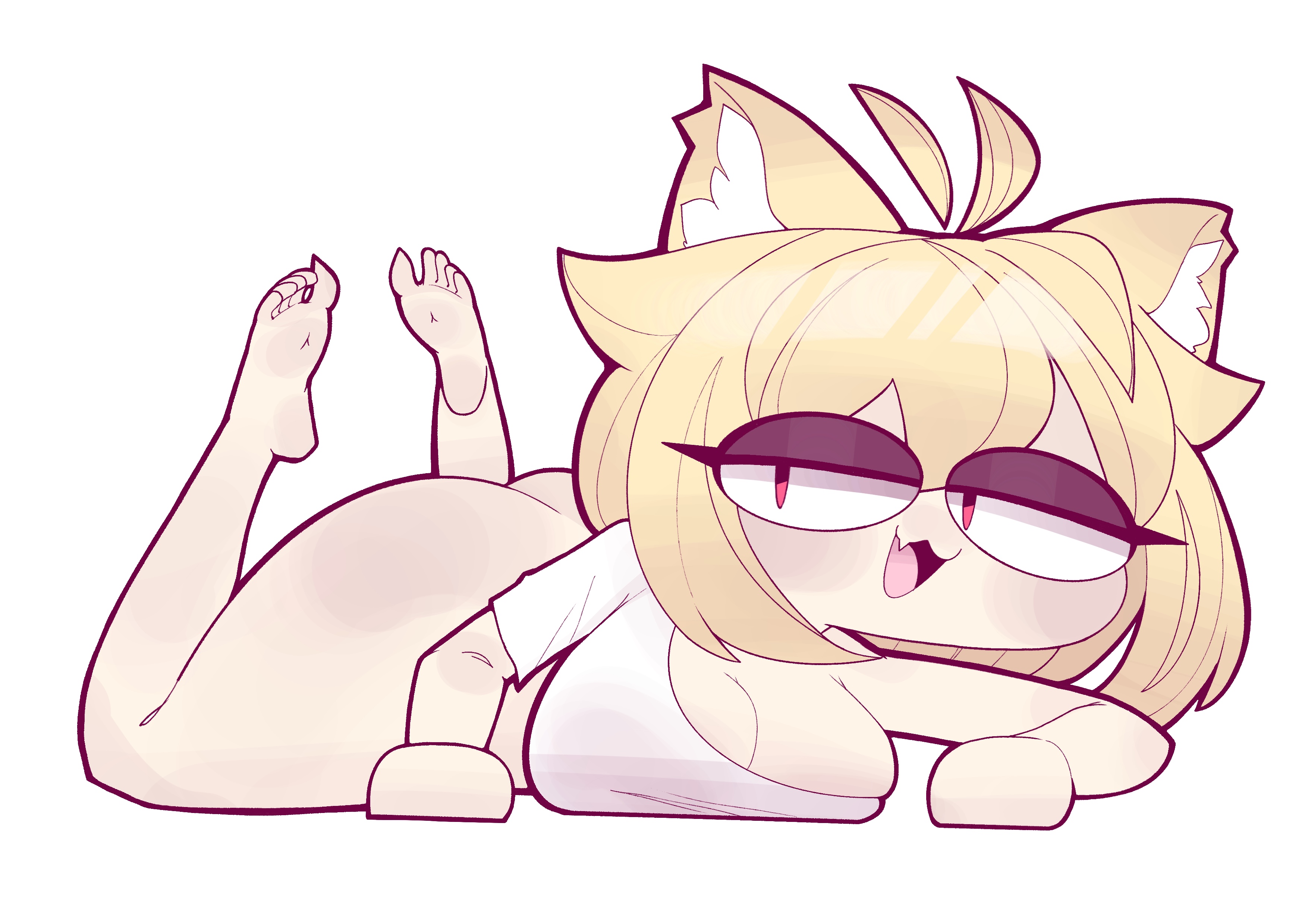 :3, 1girls, 2d, animal ears, anthro, anthro female, anthro only, ass, big ass, big breasts, blonde hair, blush, bottomless, breasts, cat ears, cat girl, catgirl, cleavage, ear tuft, eyeshadow, feet, feet up, feline, female, female only, half-closed eyes, hss dada, looking at viewer, melty blood, neco-arc, off shoulder, on stomach, open mouth, red eyes, shirt, short hair, solo, tagme, type-moon, white background
