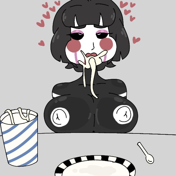black body, black hair, breasts, cum in mouth, cum on mouth, female, five nights at freddy's, five nights at freddy's 2, fnaf, heart symbol, hyper sperm, looking down, marionette (fnaf), milkbuni, plate, puppet (fnaf), puppet (thepuppetlover), red lips, red lipstick, solo, stripes, white face