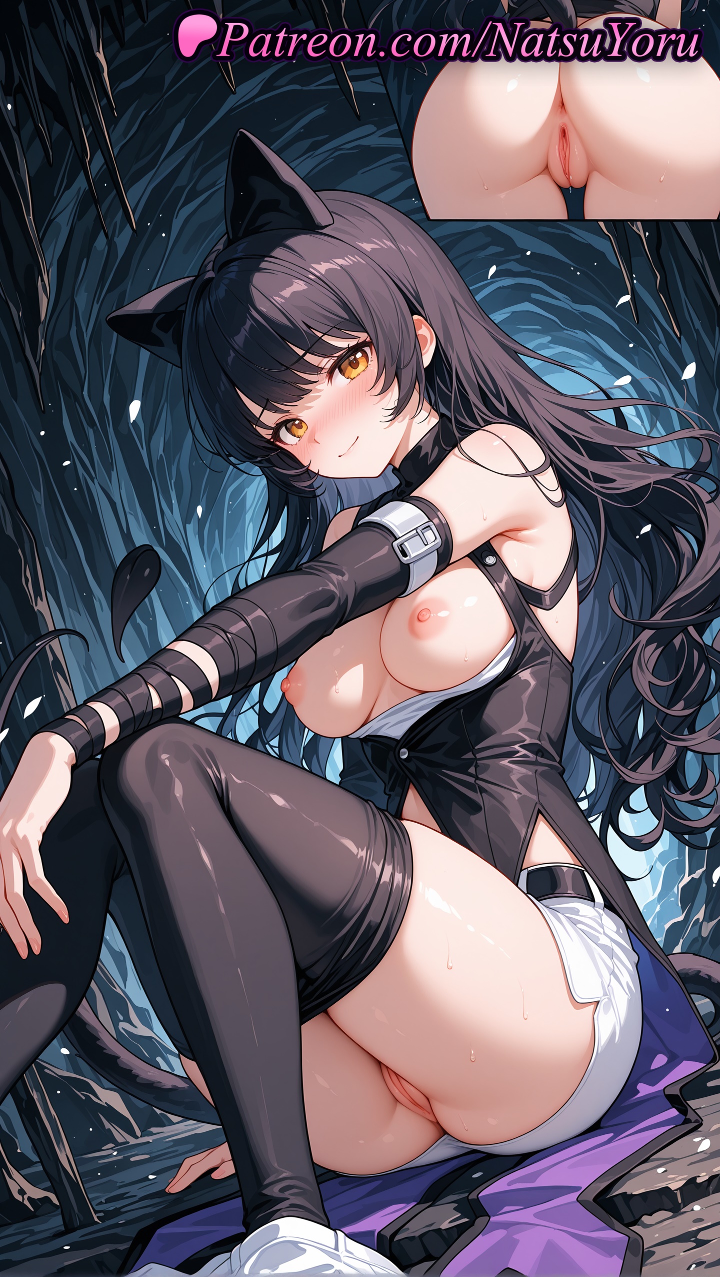 1girls, 2025, ai generated, animal ears, anus, ass, bare shoulders, black hair, black pantyhose, black thighhighs, blake belladonna, blush, breasts, breasts out, cat ears, cat girl, cat tail, closed mouth, clothes pull, detached sleeves, female, hi res, highres, knees up, long hair, looking at viewer, medium breasts, natsuyoru, nipples, pantyhose, patreon, pussy, rwby, rwby ice queendom, shiny, shorts, sitting, smile, solo, tail, thighhighs, uncensored, vagina, voluptuous, voluptuous female, white shorts, yellow eyes
