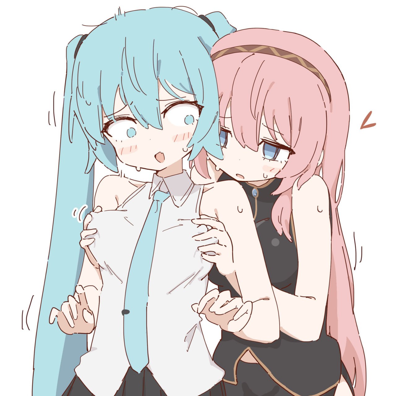 2girls, aqua eyes, aqua hair, aqua necktie, bare shoulders, black skirt, blue eyes, blue hair, blush, breast grab, breasts, female, female only, giryu, grabbing, grabbing from behind, groping, hairband, hatsune miku, heart, long hair, looking at another, medium breasts, megurine luka, multiple girls, necktie, open mouth, pink hair, shirt, simple background, skirt, sleeveless, sleeveless shirt, sweat, twintails, very long hair, vocaloid, white background, yuri