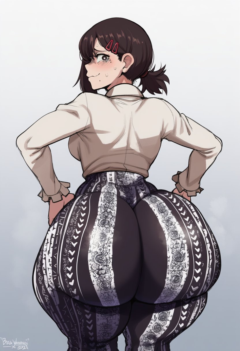 ai generated, ass, black hair, bubble ass, bubble butt, chainsaw man, female, forbidden pants, goghkunn, higashiyama kobeni, hips, looking at viewer, shiny skin, thick thighs, thighs, twintails, wide hips