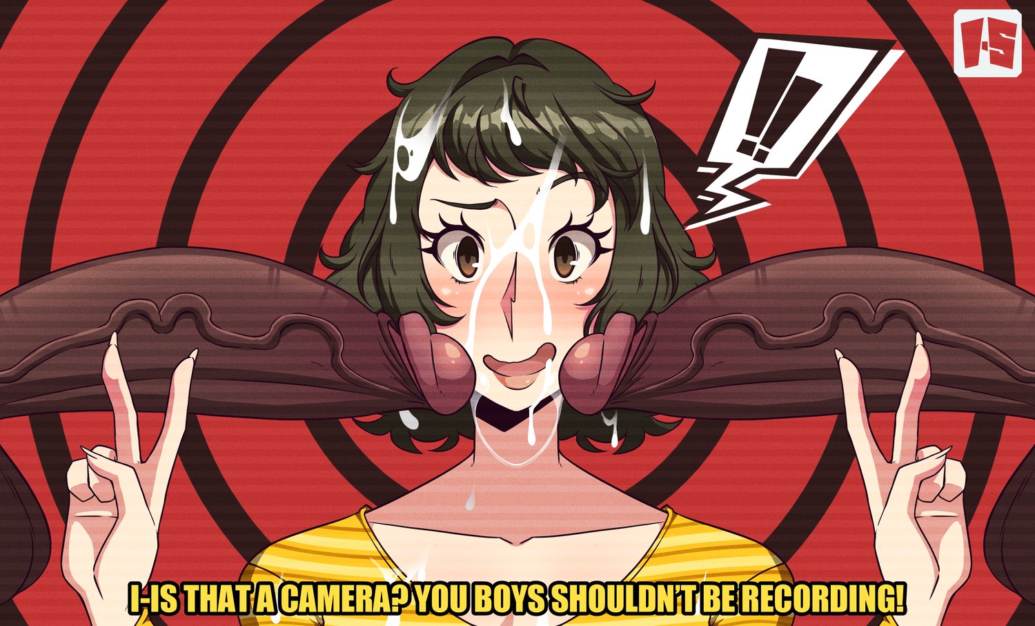 1girls, 2boys, big penis, brown hair, camera, dark skin, dark-skinned male, female, huge ass, ilustretsspoks, light skin, light-skinned female, looking at viewer, male, penis, persona, persona 5, sadayo kawakami, short hair, tagme