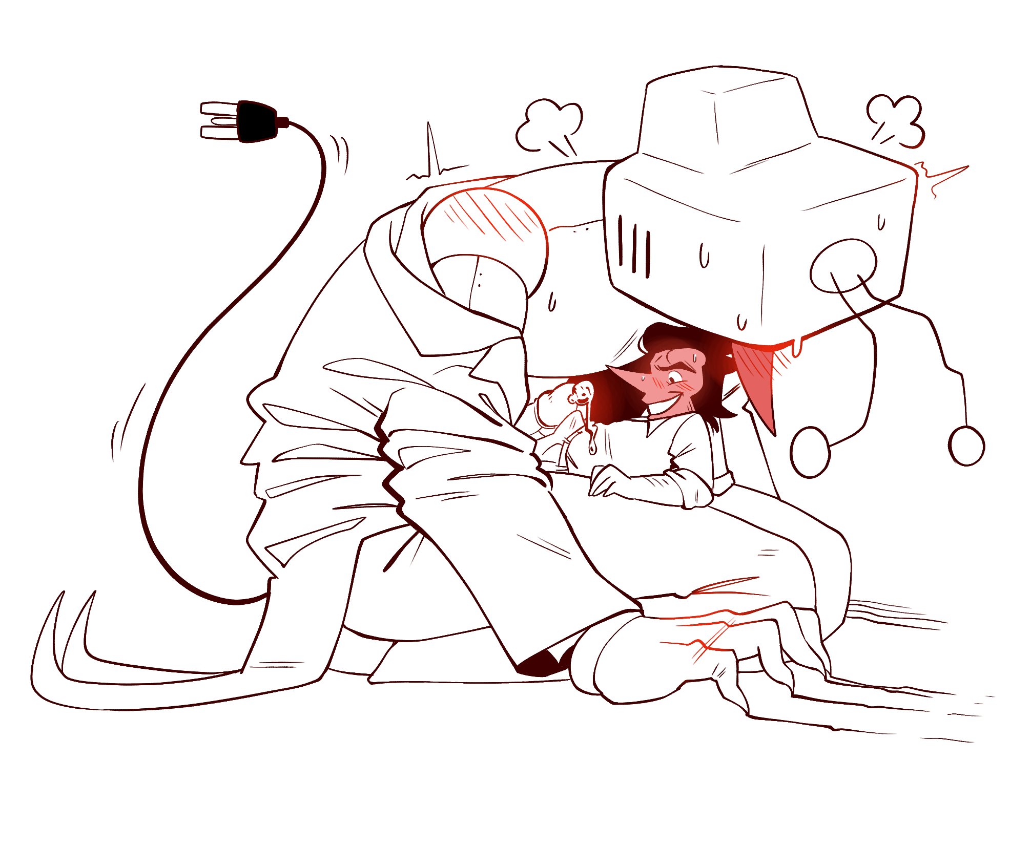 2boys, angel bunie, bent over, blush, cum, cumming, deltarune, erection, erection under clothes, frottage, male, male only, scratching, simple background, size difference, sketch, spamton g spamton, tenna (deltarune), yaoi