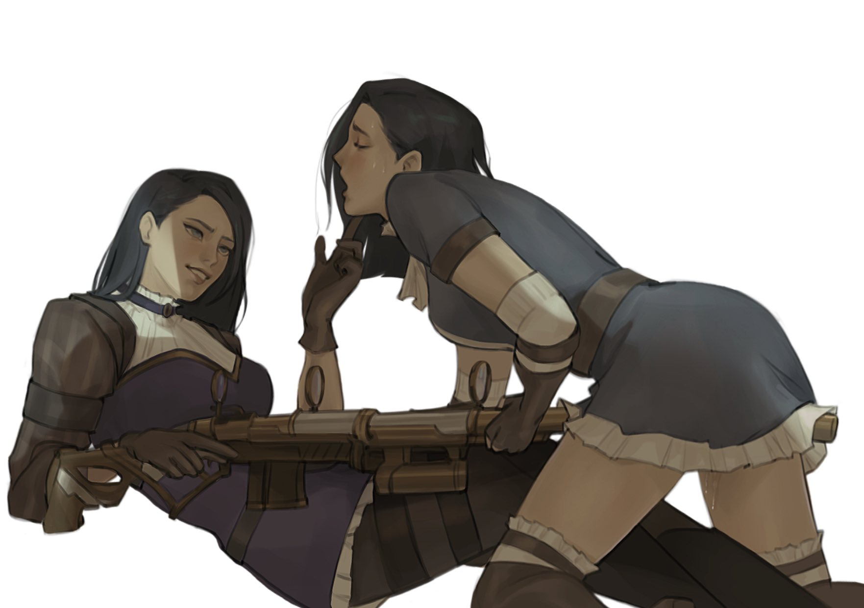 2girls, arcane, arcane caitlyn, caitlyn kiramman, female, female only, grinding, gun, gunplay, highres, kahelmoan, league of legends, pussy, pussy juice, riot games, selfcest, simple background, weapon, white background, yuri