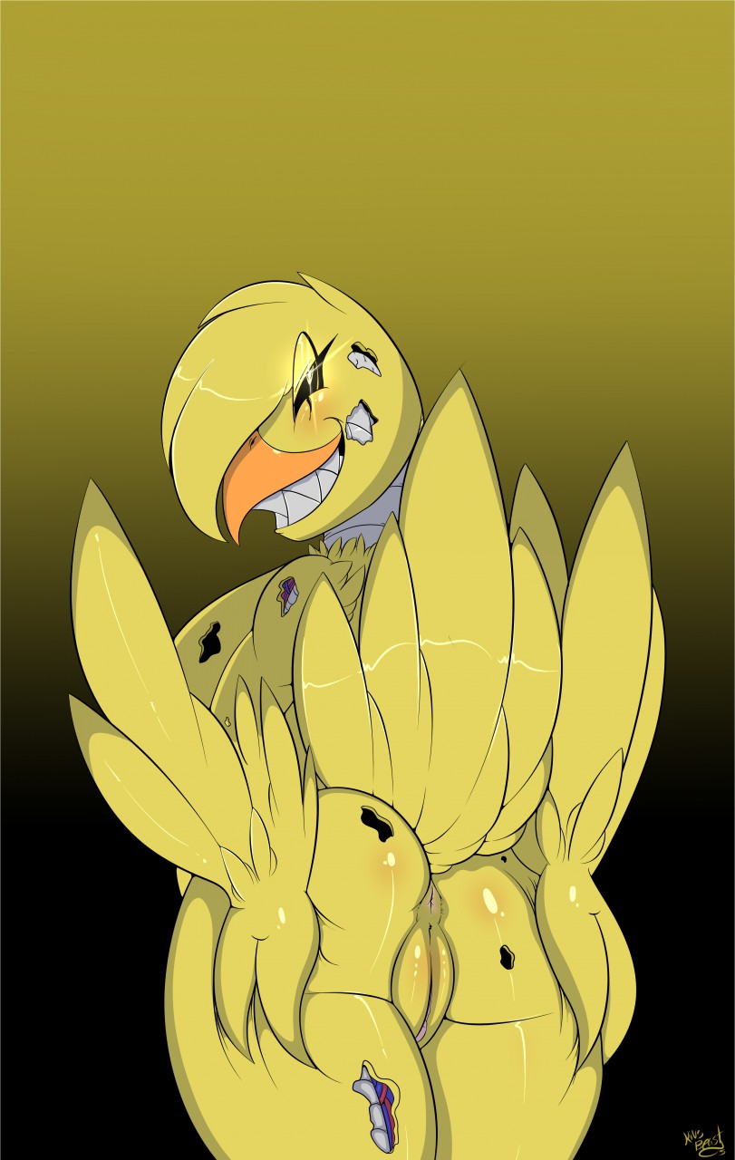 animatronic, anthro, anus, ass, avian, back view, beak, bird, breasts, chicken, feather, female, five nights at freddy's, five nights at freddy's 4, hair over one eye, hand on ass, kingbeast, looking at viewer, looking back, machine, mechanical, nightmare chica (fnaf), nude, presenting, presenting hindquarters, presenting pussy, pussy, robot, scottgames, sharp teeth, short hair, sideboob, simple background, smile, solo, standing, teeth, thick thighs, thighs, wide hips