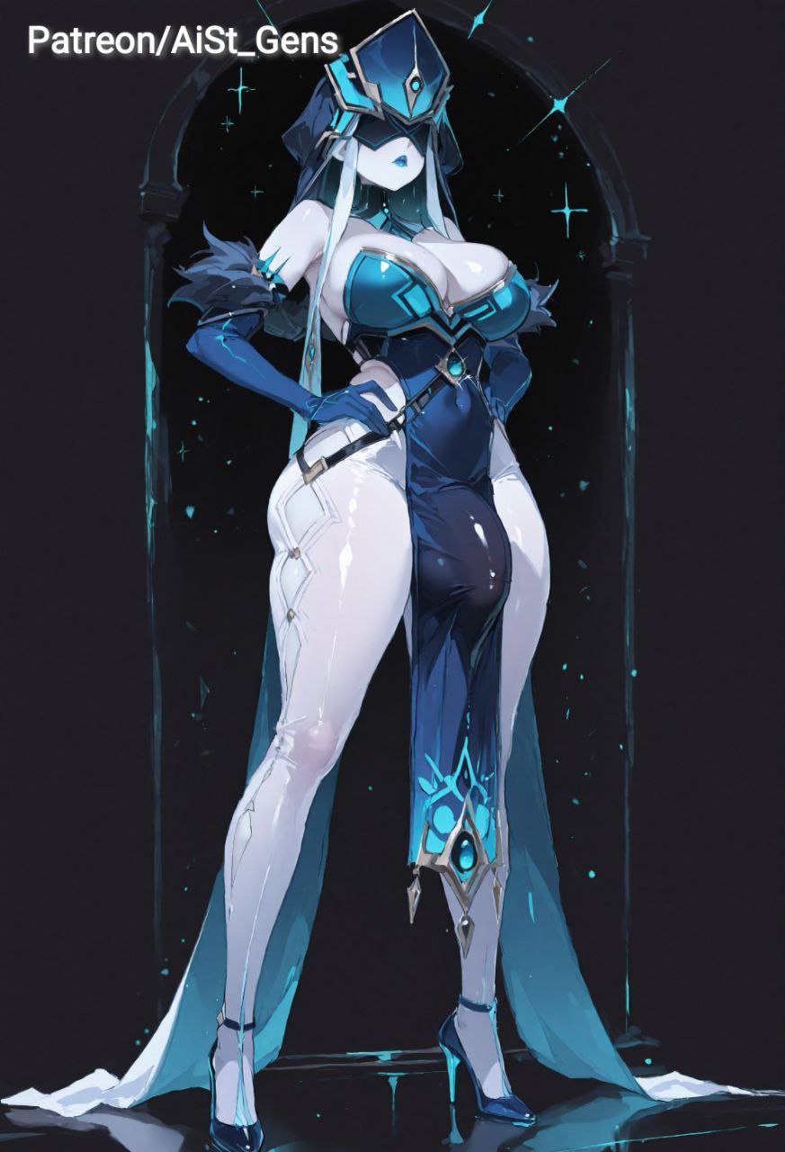 1futa, ai generated, aist , armpits, big breasts, bigger female, blue lipstick, breasts, female, full body, futa only, futanari, genshin impact, huge breasts, huge thighs, intersex, mirror maiden (genshin impact), pale skin, penis, penis bulge, penis under clothes, solo