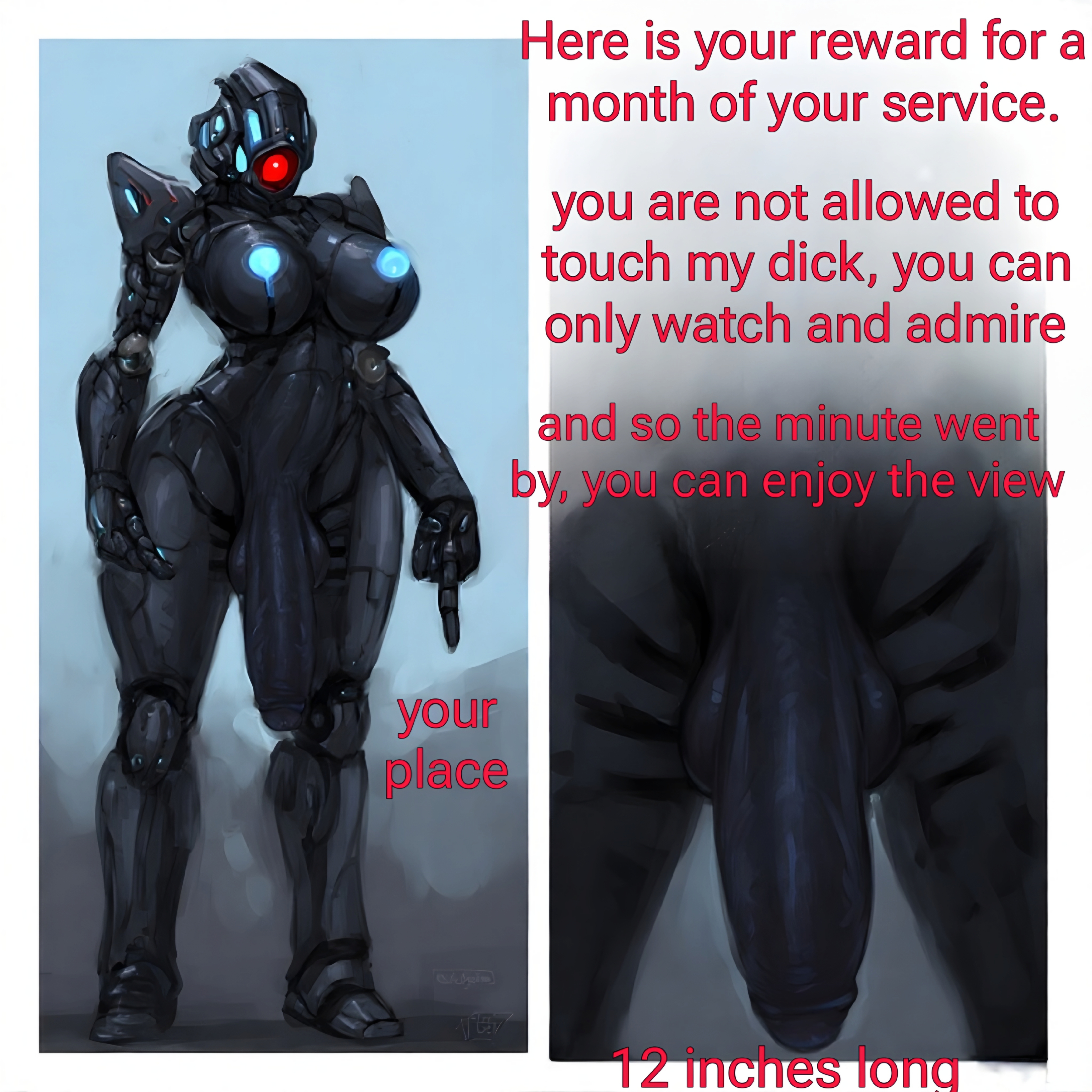 1 eye, 1562566, 1futa, ai generated, big breasts, big penis, black body, breasts, domina-x9, dominant, dominant futa, dominant robot, domination, female, futadom, futanari, intersex, penis, red eyes, robot, robot girl, text