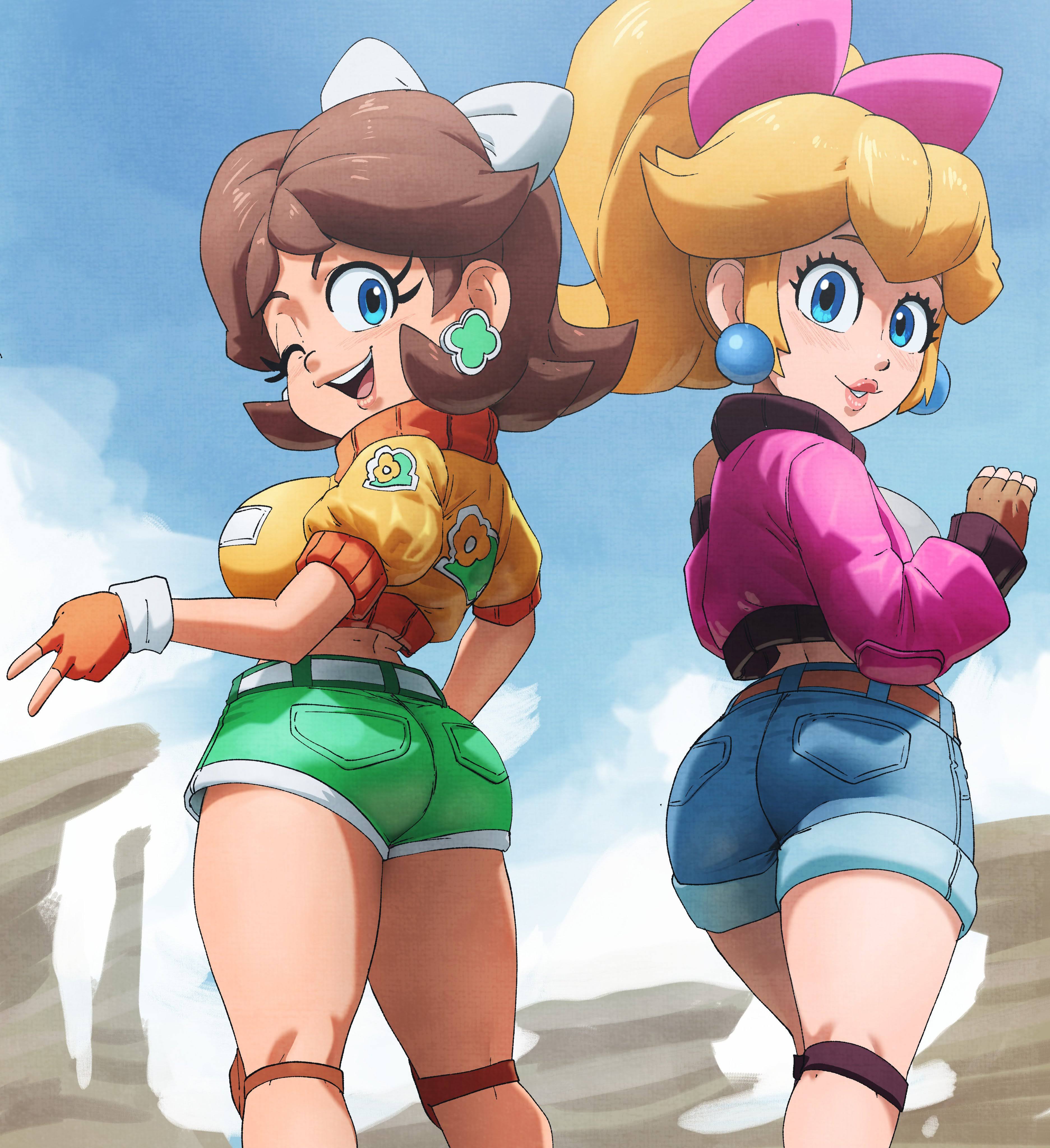 2girls, ass, bangs, belt, blonde hair, blue eyes, blue shorts, blue sky, blush, bow, breasts, brown gloves, brown hair, clothing, cloud, coolerinker, crop top, cropped jacket, day, denim, denim shorts, earrings, female, fingerless gloves, flipped hair, flower earrings, footwear, from behind, gloves, green shorts, hair ornament, hairbow, headwear, inker comics, inkershike, jacket, jewelry, knee pads, large breasts, lips, long hair, looking at viewer, looking back, mario (series), mario kart, mario kart world, medium hair, multiple girls, nintendo, official alternate costume, one eye closed, open mouth, orange gloves, outdoors, pink bow, pink jacket, ponytail, princess daisy, princess daisy (touring), princess peach, princess peach (touring), puffy short sleeves, ribbon, shirt, shoes, short shorts, short sleeves, shorts, sky, smile, sphere earrings, super mario bros., teeth, thighs, upper teeth only, v, white bow, wink