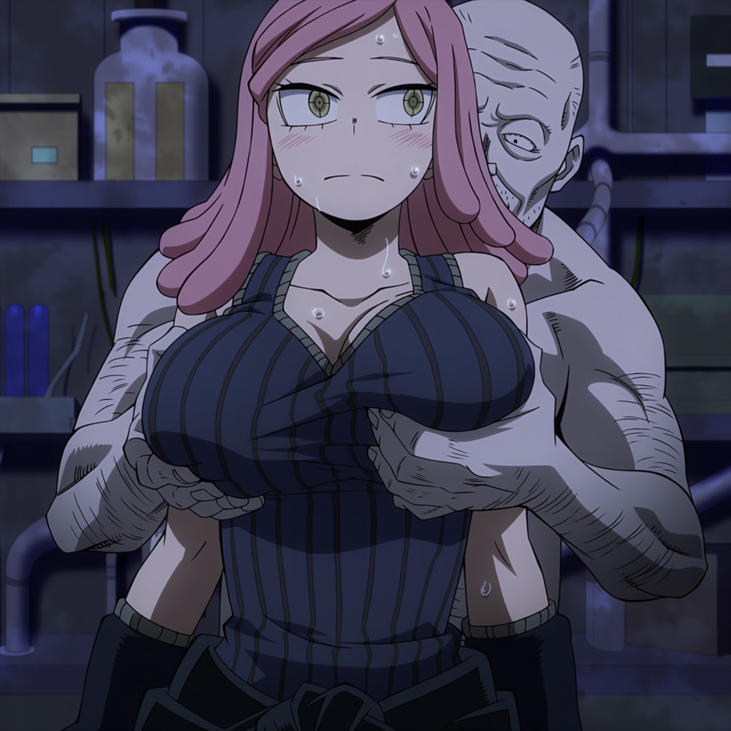1boy, 1girls, ai generated, aibooby, blush, boku no hero academia, breasts, female, groping breasts, hatsume mei, huge breasts, large breasts, male, mei hatsume, my hero academia, pink hair, sweat, sweating, ugly bastard, ugly man