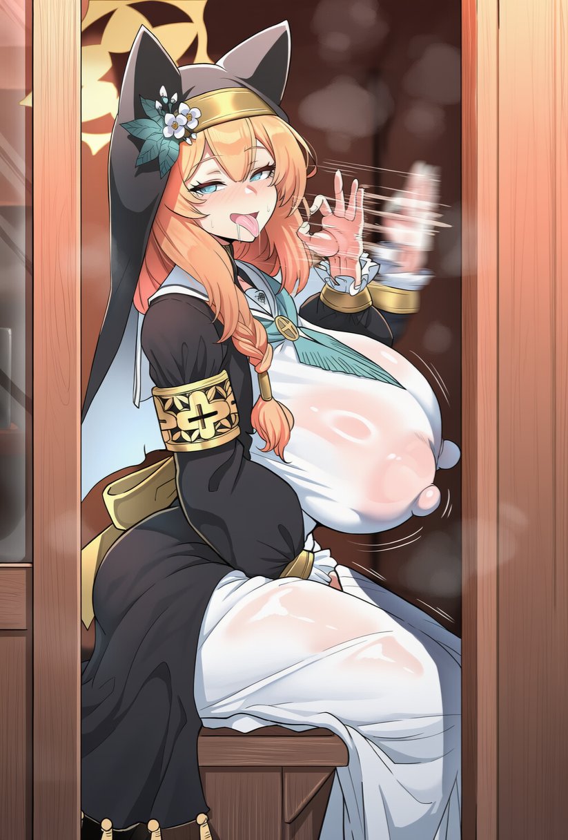 ai generated, animal ears, blue archive, blue eyes, blush, breasts, cat ears, covered nipples, female, habit, hood, huge breasts, long hair, looking at viewer, manicmode, mari (blue archive), nipples, nun, open mouth, orange hair, see-through, sitting, smile, solo, tail, tongue, tongue out, wet clothes