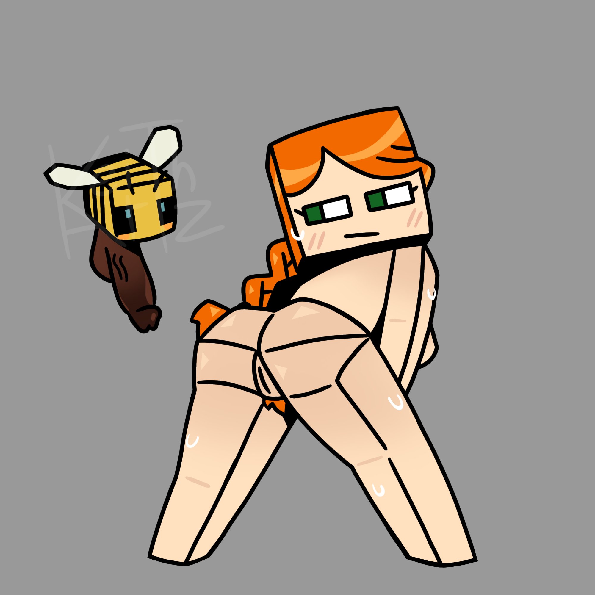 alex (minecraft), artzkeith, beastiality, bee, bee (minecraft), big penis, blocky body, blush, female, looking back, male, minecraft, nude, orange hair, penis, pubic hair, pussy, spread legs, tagme, zoofilia