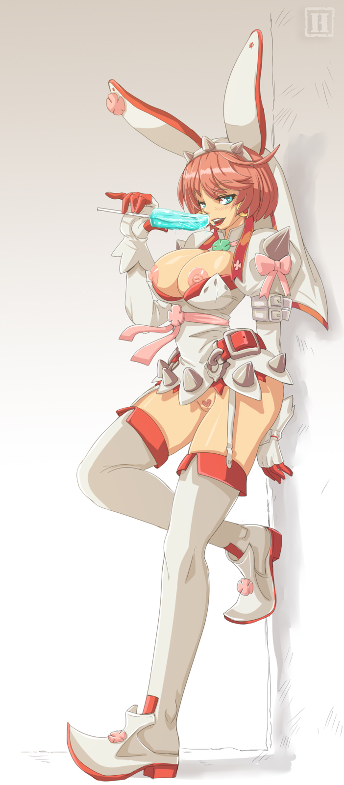 against wall, aqua eyes, blush, bottomless, bow, breasts, breasts out, clover, earrings, elphelt valentine, female, food, garter straps, gloves, guilty gear, guilty gear xrd, hairband, heart, hmage, ice cream, knee up, large breasts, looking at viewer, naughty face, nipple slip, nipples, open mouth, phallic symbol, pink hair, pubic hair, pussy, sexually suggestive, shaped pubic hair, solo, spiked hairband, spikes, thighhighs, white legwear