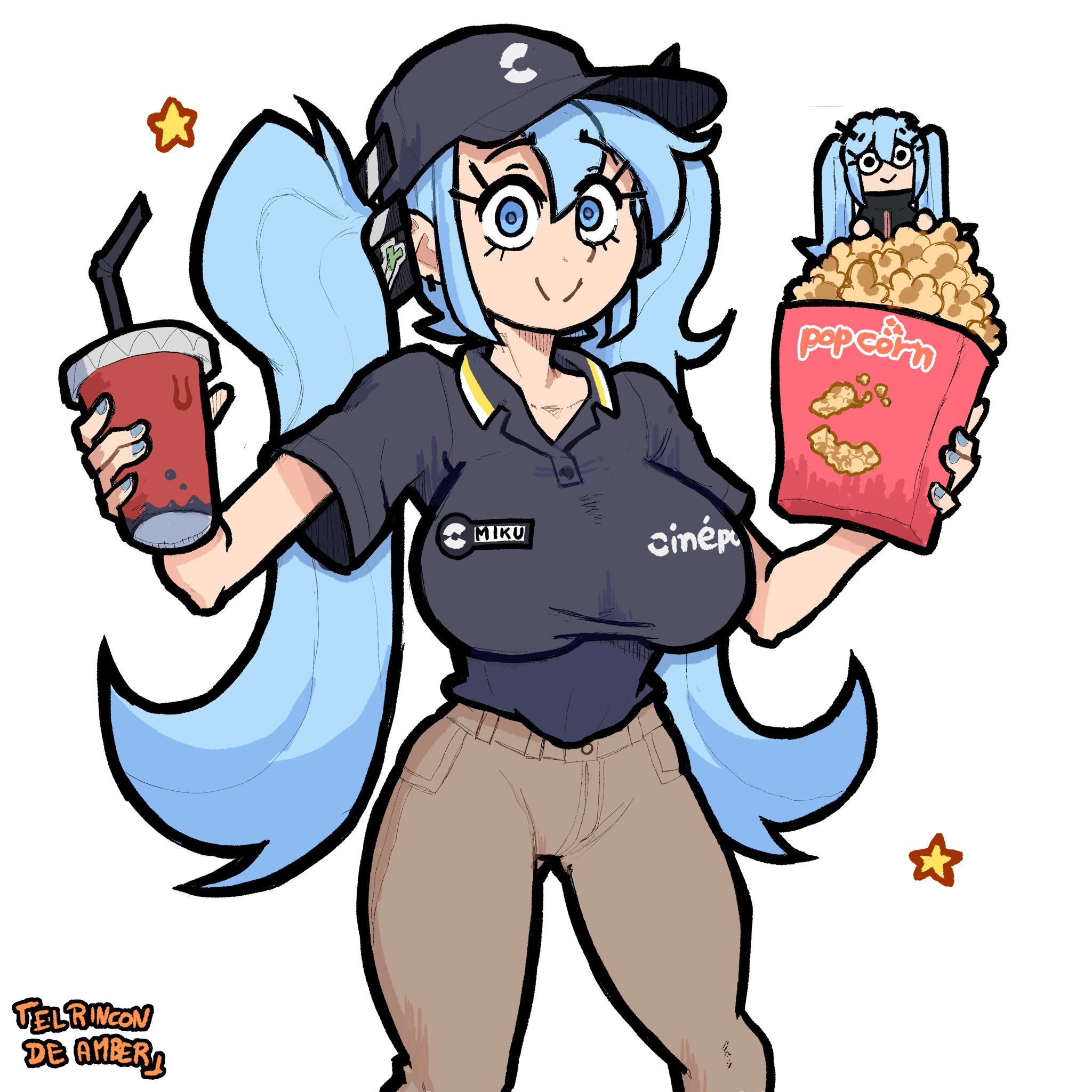 1girl, big breasts, black shirt, blue eyes, blue hair, blue nails, breasts, brown pants, collared shirt, cup, disposable cup, drinking straw, el rincon de amber, employee uniform, female, food, hat, hatsune miku, holding, holding cup, large breasts, long hair, looking at viewer, meme, pants, polo shirt, popcorn, shirt, short sleeves, simple background, smile, twintails, uniform, very long hair, white background