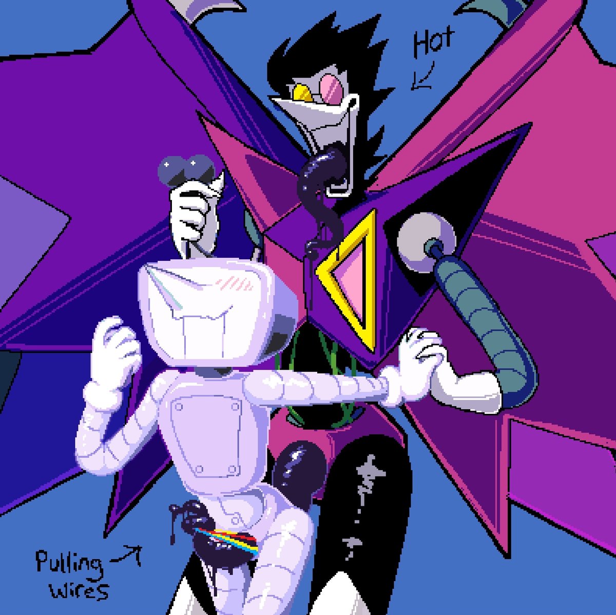 2boys, ambiguous penetration, antennae (anatomy), antennae pull, bigger male, blush, colored, deltarune, fully clothed, fully naked, long tongue, male, naked male, penis, pixel art, robot, robot humanoid, robot joints, screen face, sharp teeth, smaller male, spamton g spamton, spamton neo, tagme, tenna (deltarune), tentacle penis, weird anatomy, wireplay, yaoi