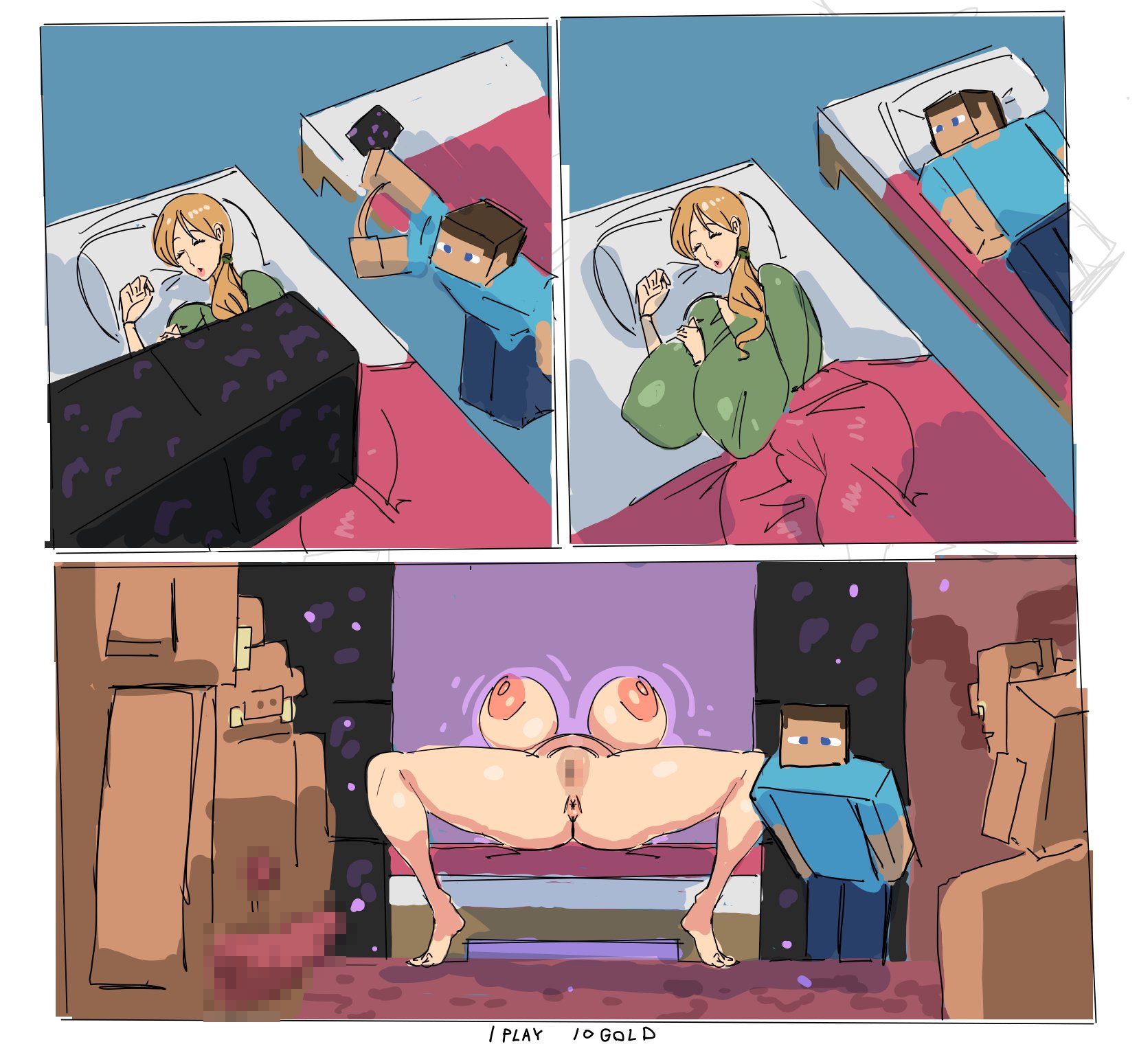 1boy, 1girls, alex (minecraft), bed, bedroom, big breasts, breasts, comic, female, imminent rape, kandenki, male, minecraft, piglin, piglin brute, portal, prostitution, sleep molestation, sleeping, spread legs, spreading, steve (minecraft), tagme, thick thighs, voluptuous, voluptuous female