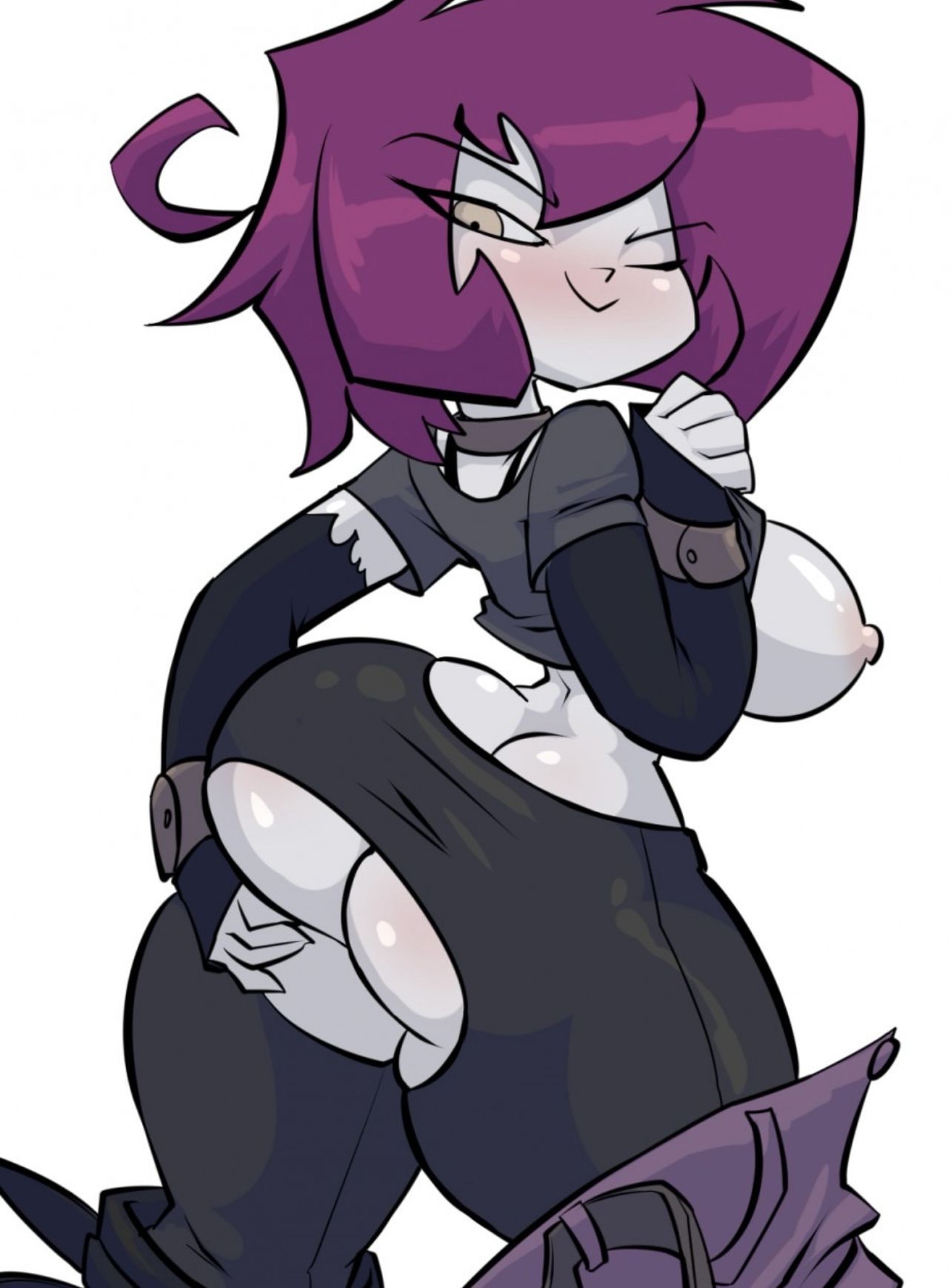assless pants, bigdad, blush, breasts, breasts out, female, gaz membrane, hand on ass, invader zim, naughty face, one eye closed, pants down, smile, tagme, thicc gaz, tights, tiny waist
