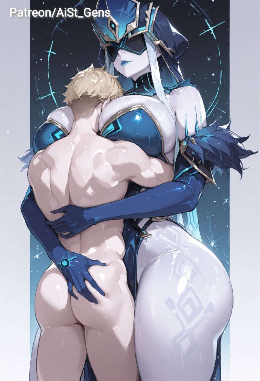 ai generated, aist , big breasts, bigger female, blue lipstick, breasts, female, full body, genshin impact, huge breasts, huge thighs, hugging, male, mirror maiden (genshin impact), pale skin, short male, size difference