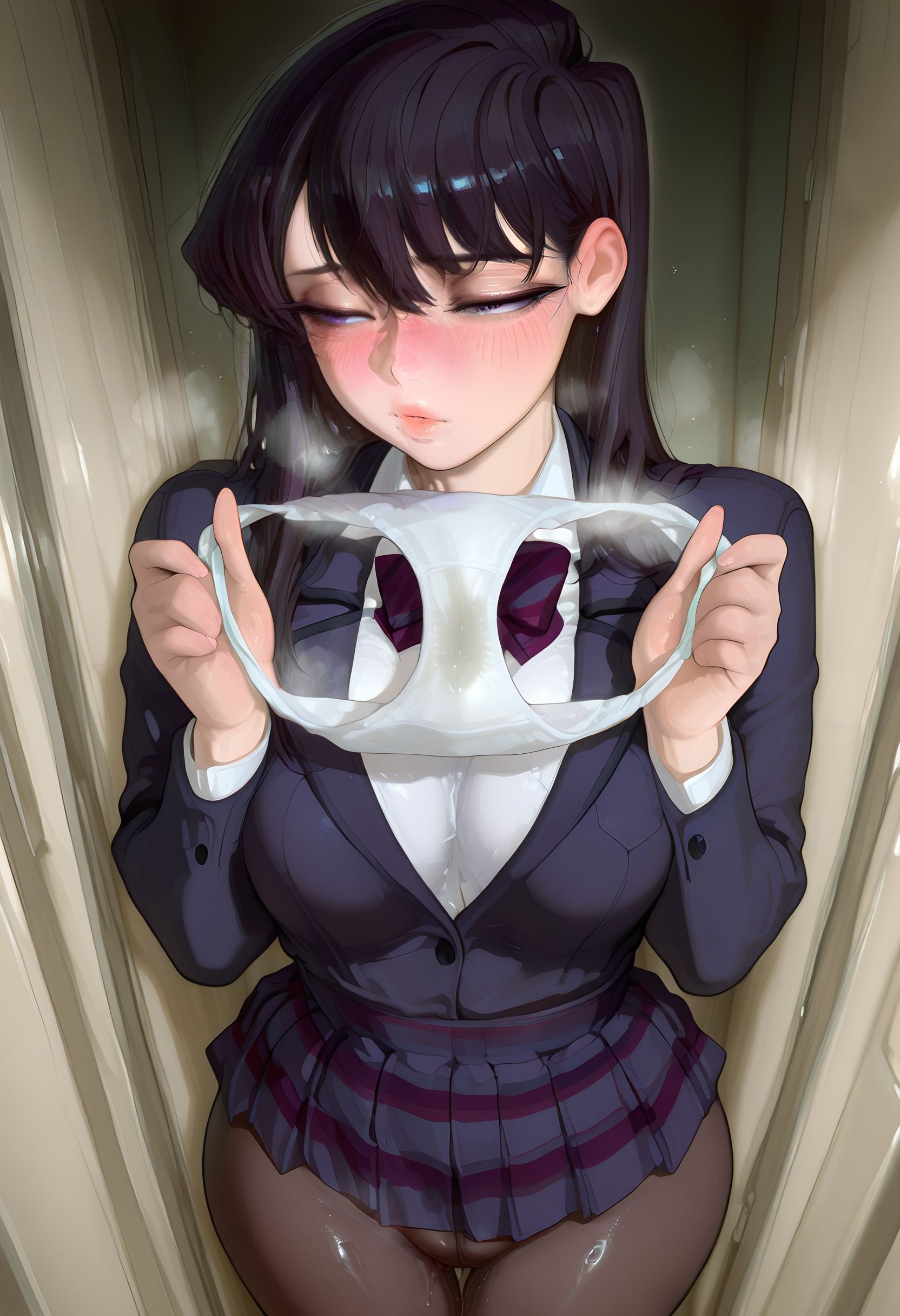 ai generated, avoiding eye contact, black hair, blush, dirty, female, holding panties, komi shouko, komi-san wa komyushou desu, mayyreel, offering panties, panties, pantyhose, presenting panties, purple eyes, purple hair, pussy, pussy juice, pussy juice stain, school uniform, shy, skirt, smell, thick thighs