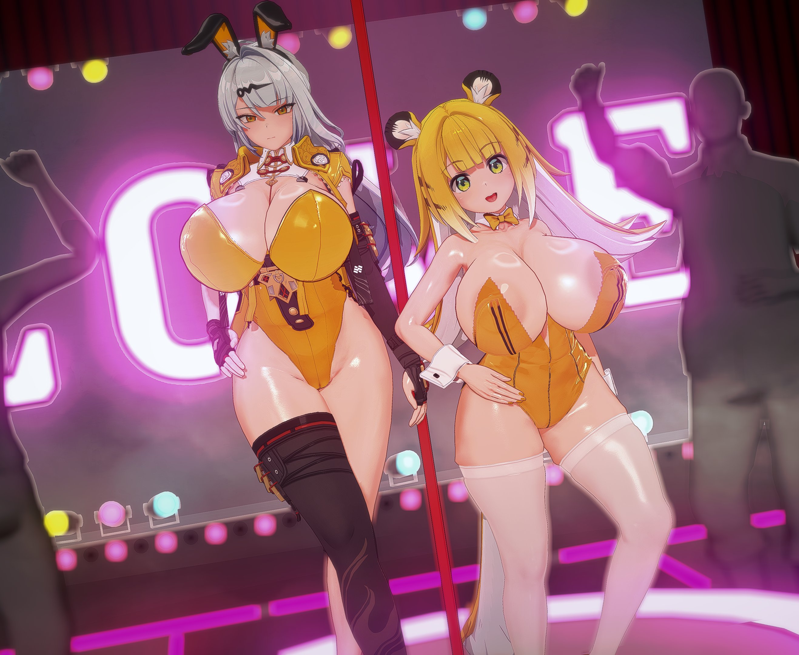 2girls, 3d, alternate breast size, animal ears, areola slip, areolae, asymmetrical legwear, blonde hair, breasts, bunny ears, cameltoe, danish primus, detached collar, fake animal ears, female, female focus, fingerless gloves, green eyes, hand on hip, height difference, huge breasts, indoors, ju fufu, koikatsu, large breasts, leotard, long hair, looking at viewer, nipple bulge, pole, pussy, strapless leotard, thick thighs, tiger ears, tiger girl, vermelho (artist), video game character, white hair, yellow eyes, yixuan (zenless zone zero), zenless zone zero