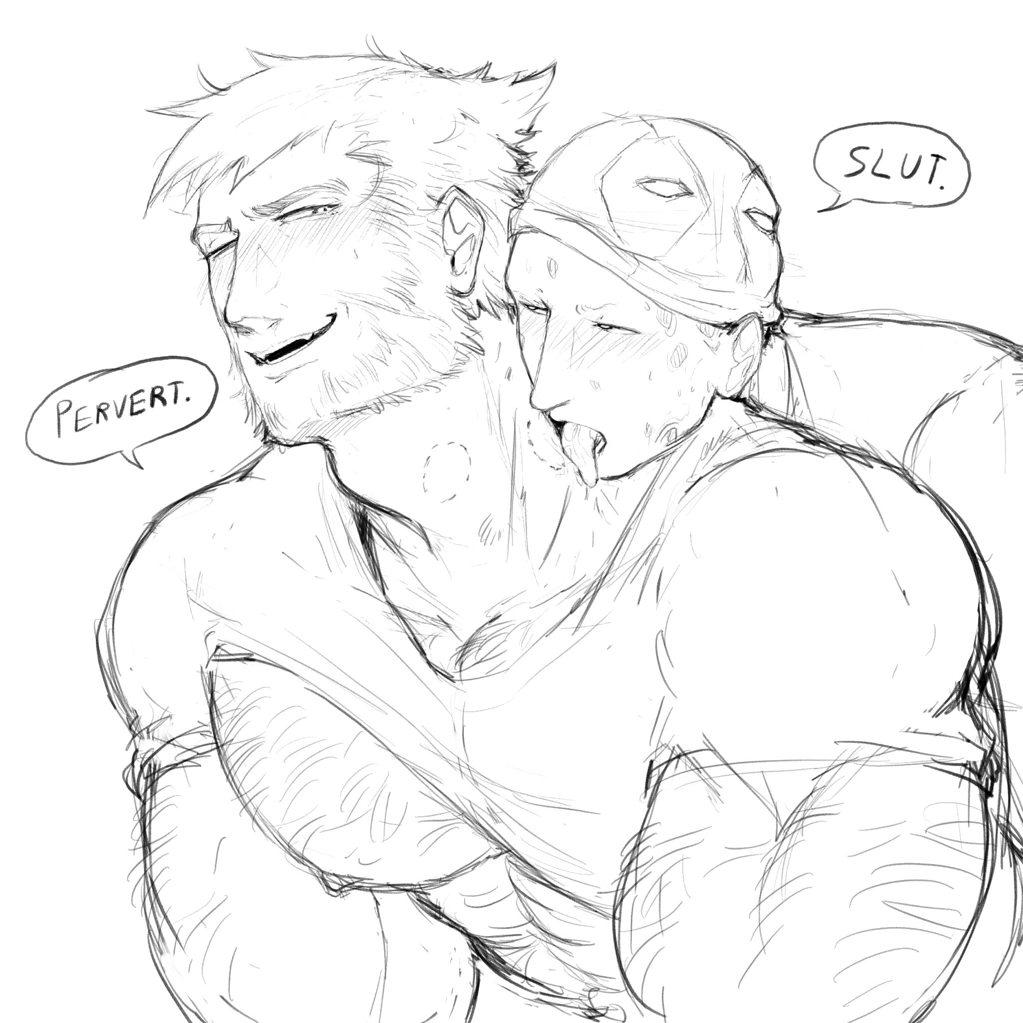 2boys, baimonbluewhale, bite mark, blush, body hair, deadpool, deadpool & wolverine (2024), dialogue, english text, gay, hairy, hairy male, hickey, james howlett, licking neck, logan (x-men), male, male only, male/male, marvel, marvel comics, muscles, muscular, muscular male, nipples, pectorals, scars, scars all over, shirt lift, tongue out, wade wilson, wolverine (x-men), yaoi