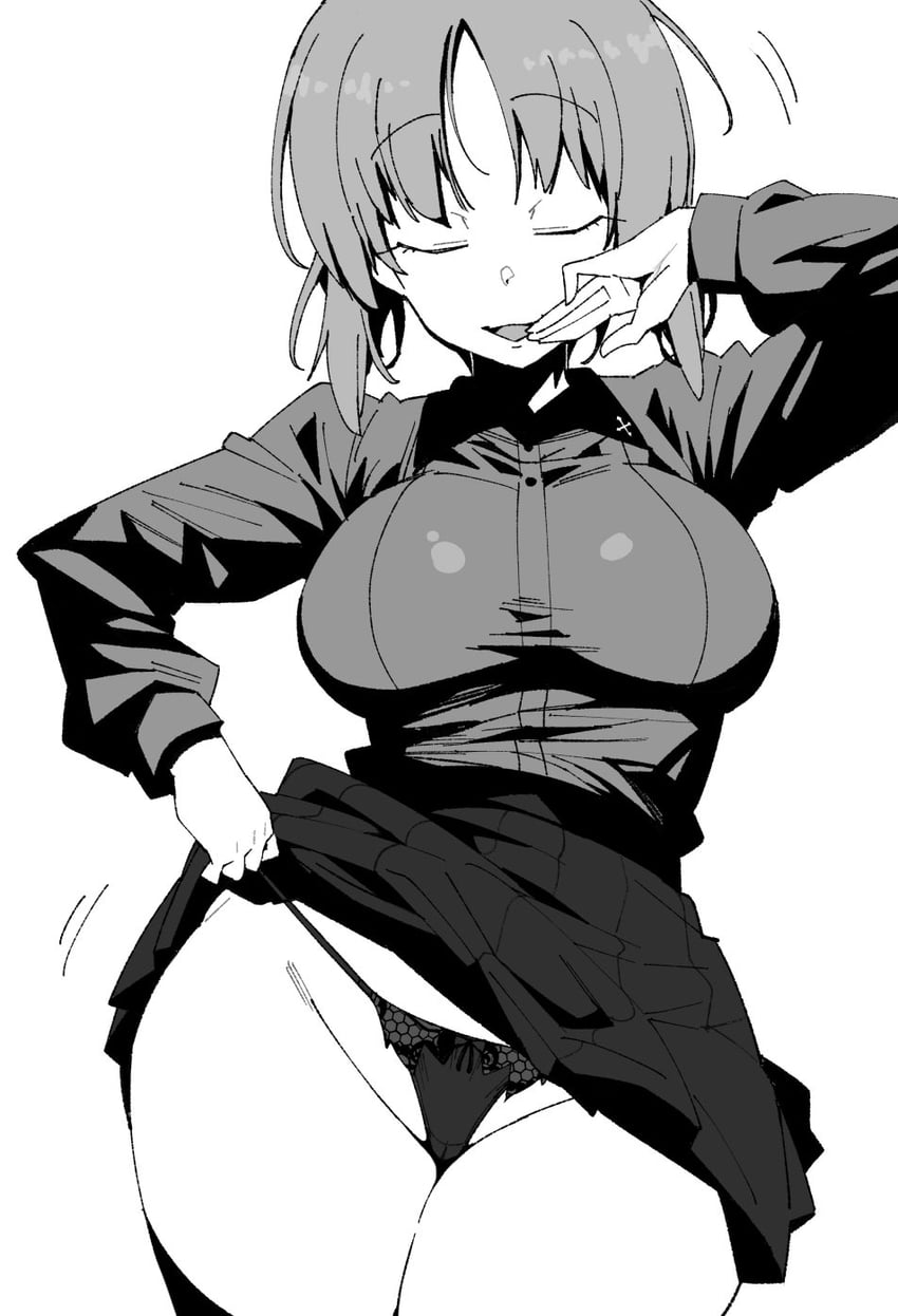 2d, 2d (artwork), anime, big breasts, big thighs, black panties, bow, bow panties, breasts, closed eyes, closed eyes smile, clothes lift, collared shirt, covered pussy, cowboy shot, dress shirt, female, girls und panzer, greyscale, groin, hand to own mouth, henyaan (oreizm), highres, insignia, kinky, kuromorimine military uniform, kuromorimine school uniform, large breasts, large thighs, lifting skirt, lingerie, lingerie panties, miniskirt, monochrome, motion lines, nishizumi miho, ojou-sama pose, open mouth, panties, parted bangs, pleated skirt, plump breasts, plump thighs, pulling panties, pussy, raised eyebrow, school uniform, short hair, simple background, skirt, skirt lift, smile, solo, straight-on, teasing, teasing viewer, underwear, white background, wing collar