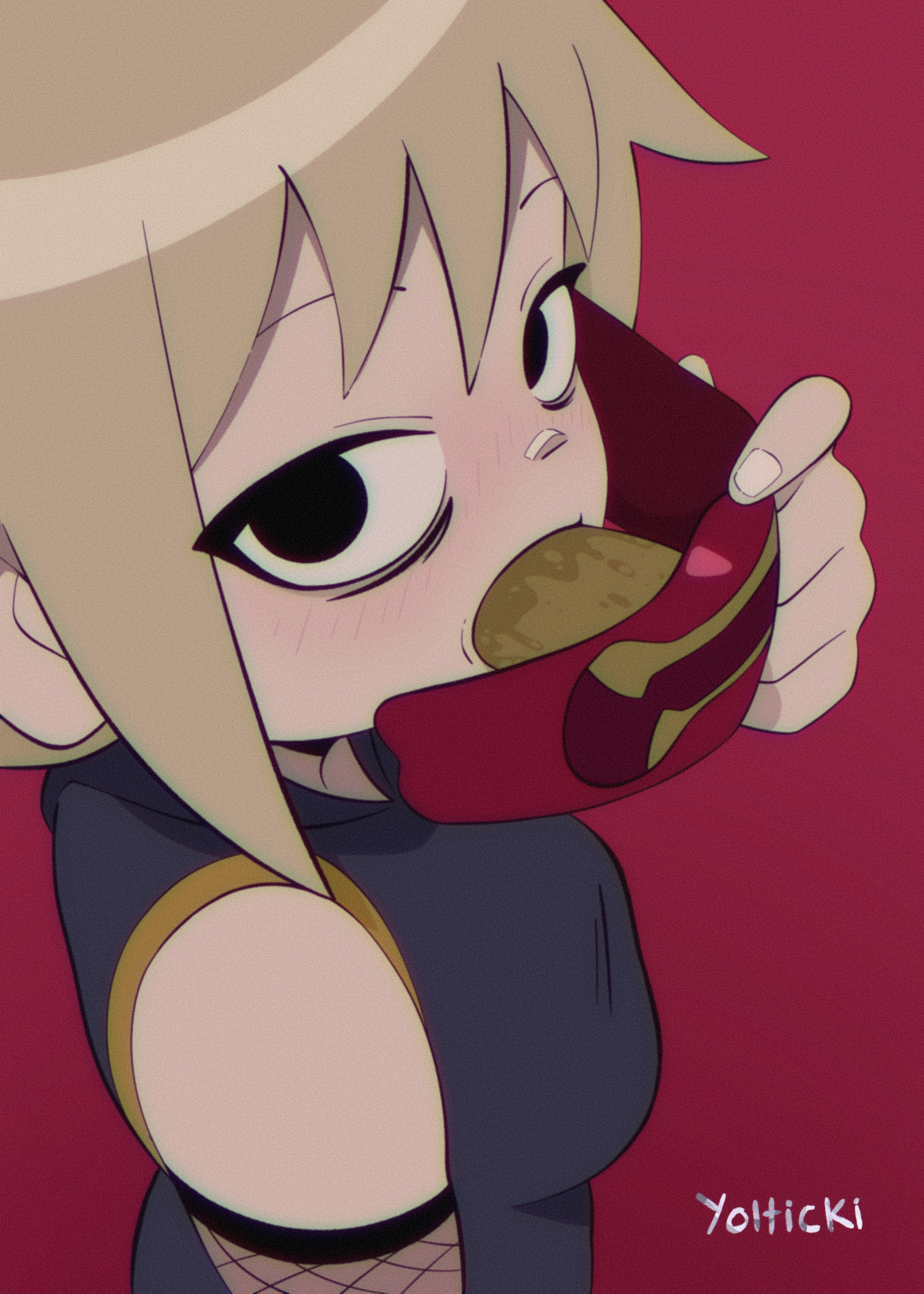 black eyes, blonde hair, clothed, dildo in mouth, dildo mask, female, female focus, female only, hair, highres, looking at viewer, pov, roxanne richter, scott pilgrim, scott pilgrim takes off, yolticki