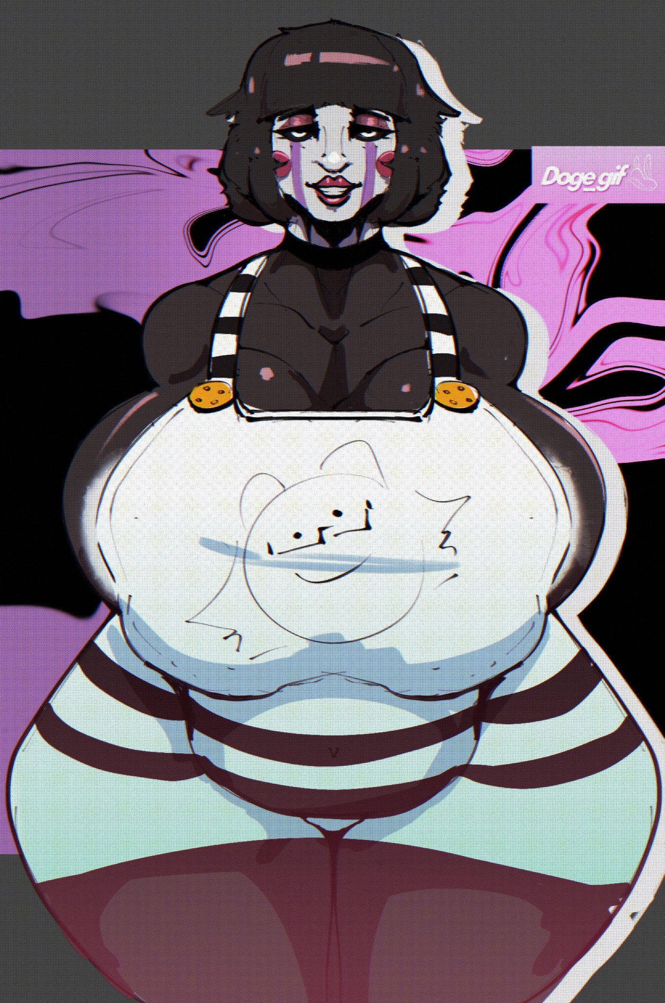 1girls, apron, ass, black body, black hair, breasts, doge gif, female, five nights at freddy's, five nights at freddy's 2, fnaf, hips, huge breasts, large ass, large breasts, marionette (fnaf), puppet (fnaf), puppet (thepuppetlover), red lipstick, smile, solo, stripes, tagme, white face, wide hips