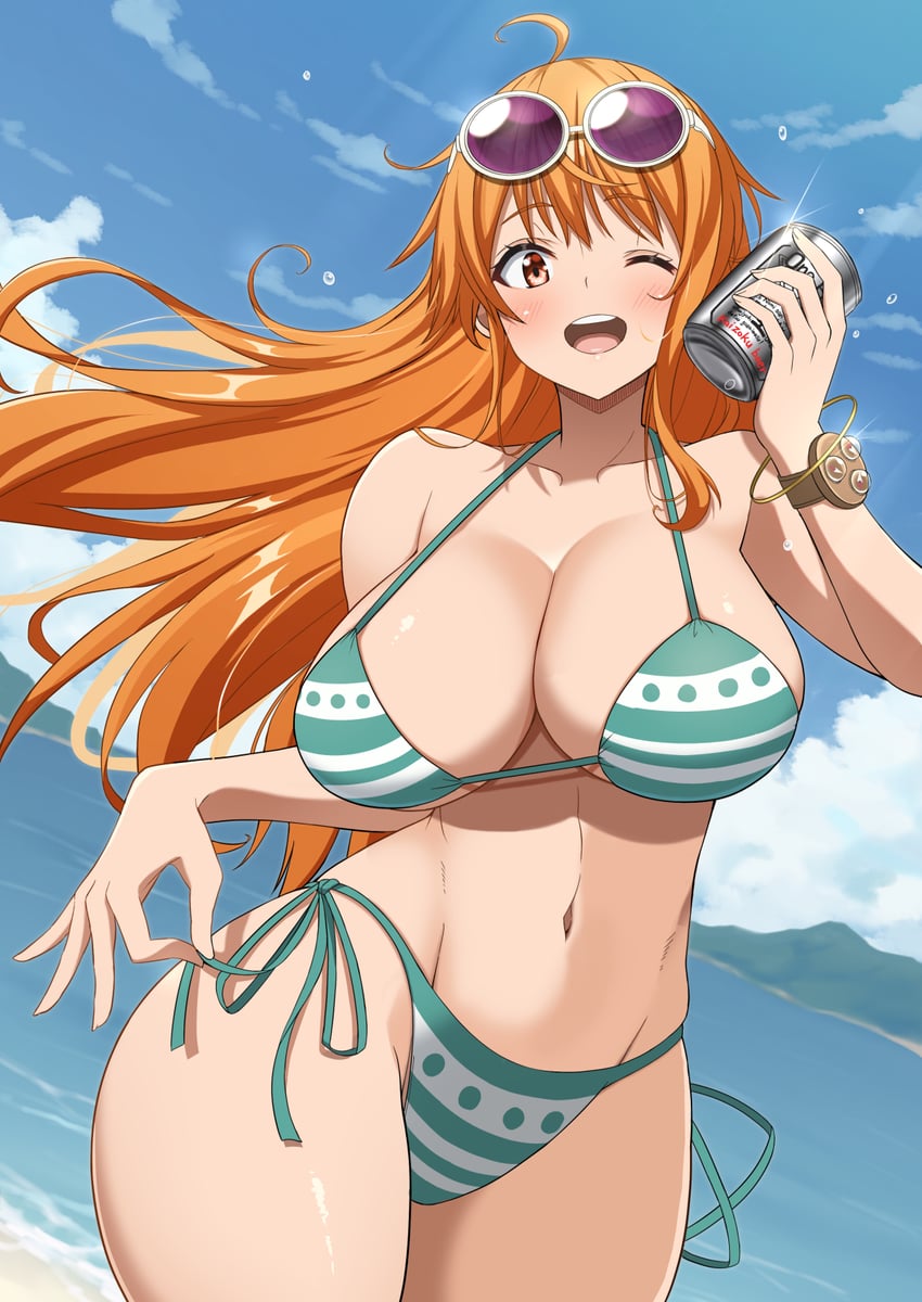 1girls, bangle, bare shoulders, beach, bikini, birthday, blue sky, blush, bracelet, breasts, can, cleavage, cloud, cloudy sky, collarbone, commentary request, cowboy shot, eyewear on head, female, female only, glint, green bikini, groin, halterneck, highres, holding, holding can, holding object, jewelry, kojirou!, large breasts, log pose, long hair, looking at viewer, mountainous horizon, nami (one piece), navel, ocean, one eye closed, one piece, open mouth, orange eyes, orange hair, outdoors, purple-tinted eyewear, side-tie bikini bottom, sky, solo, stomach, string bikini, string pull, sunglasses, swimsuit, thighs, tinted eyewear