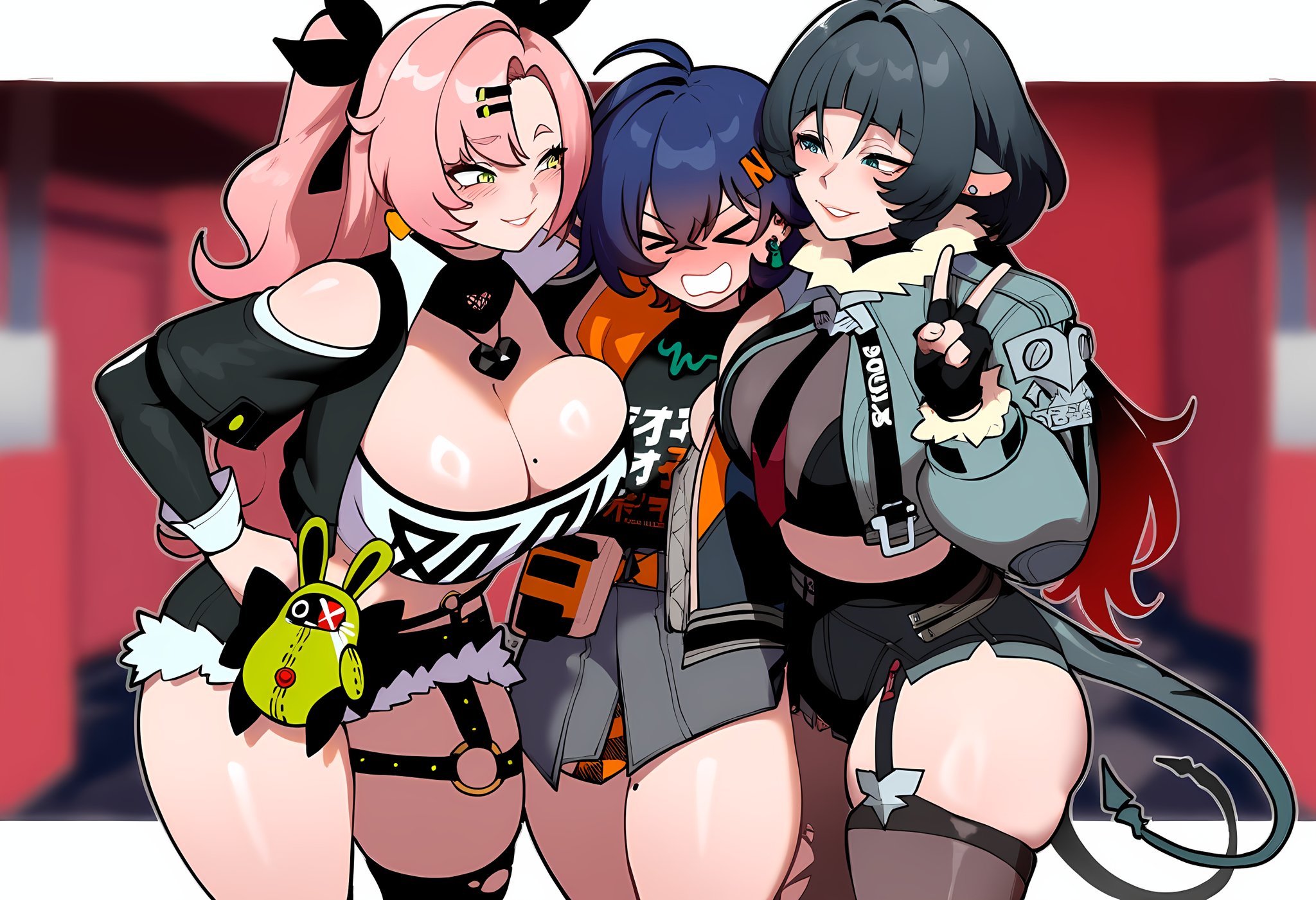3girls, ahoge, ai generated, bangs, bare shoulders, belle (zenless zone zero), big breasts, black gloves, black hair, blue hair, blush, breasts, cleavage, demon tail, female, fingerless gloves, garter straps, gloves, green eyes, grin, hair ornament, hairclip, jacket, jane doe (zenless zone zero), jewelry, kobainai, large breasts, long hair, looking at viewer, midriff, multiple females, multiple girls, nicole demara, pink hair, short hair, short shorts, shorts, side ponytail, single thighhigh, skirt, smile, tail, thick thighs, thighhighs, thighs, yellow eyes, zenless zone zero
