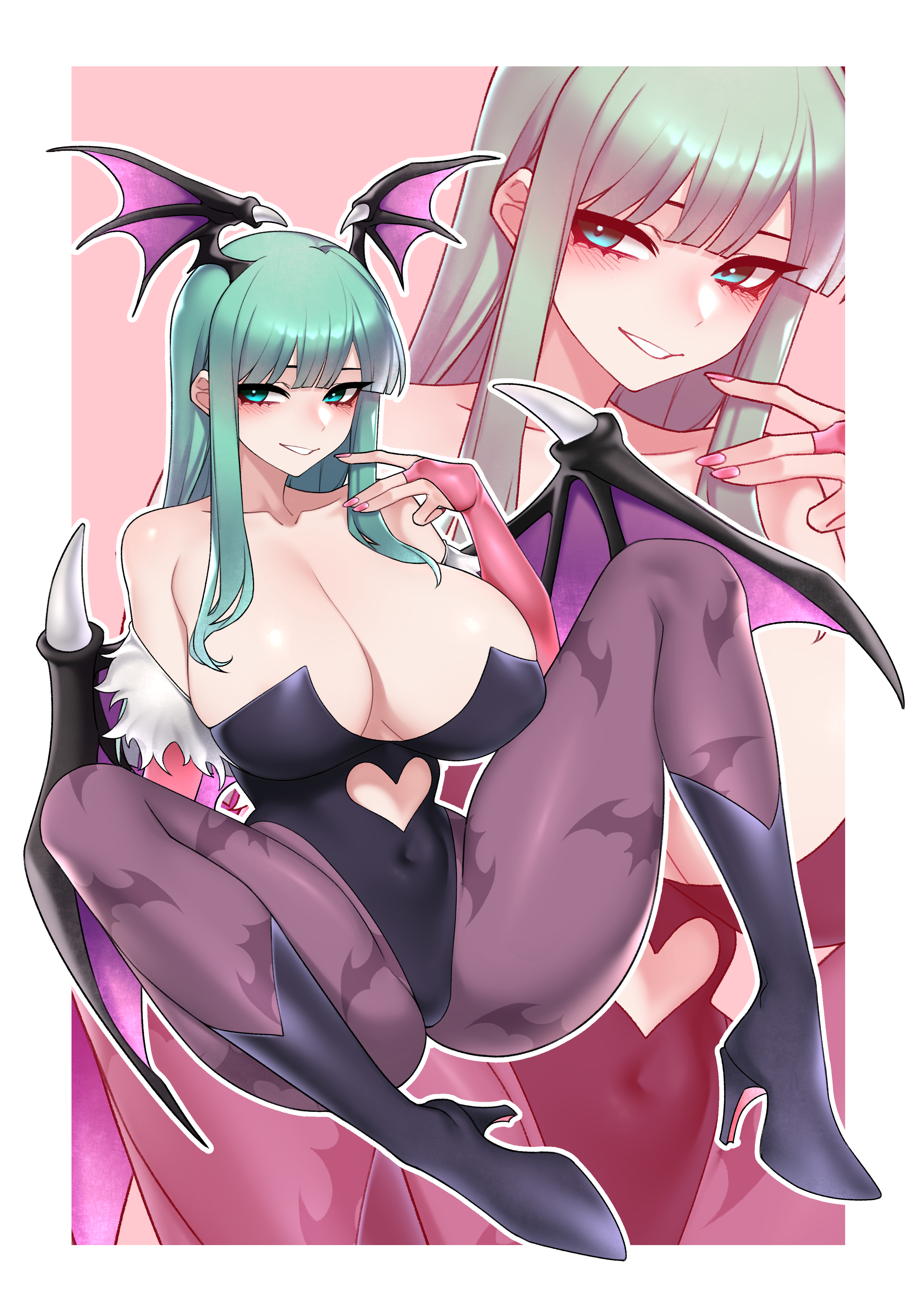 1girls, absurd res, bat print, big breasts, blue eyes, blush, breasts, bridal gauntlets, capcom, cleavage, darkstalkers, dogs (dlrkdejr26), female, female only, green hair, grin, grinning at viewer, head wings, heart cutout, heel boots, leotard, long hair, looking at viewer, morrigan aensland, pantyhose, pink nail, sitting, smiling, smiling at viewer, solo, succubus, succubus wings, thick thighs, wings