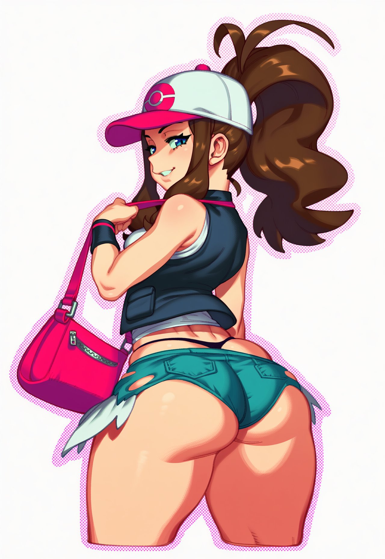 ai generated, ass, ass hanging out, ass hanging out of shorts, backpack, bag, baseball cap, blue eyes, booty shorts, brown hair, cropped legs, demerzel, denim shorts, female, from behind, handbag, hat, hilda (pokemon), long hair, looking at viewer, looking back, panties, pokemon, pokemon bw, ponytail, short shorts, shorts, smile, solo, thick thighs, thong, underwear, vest