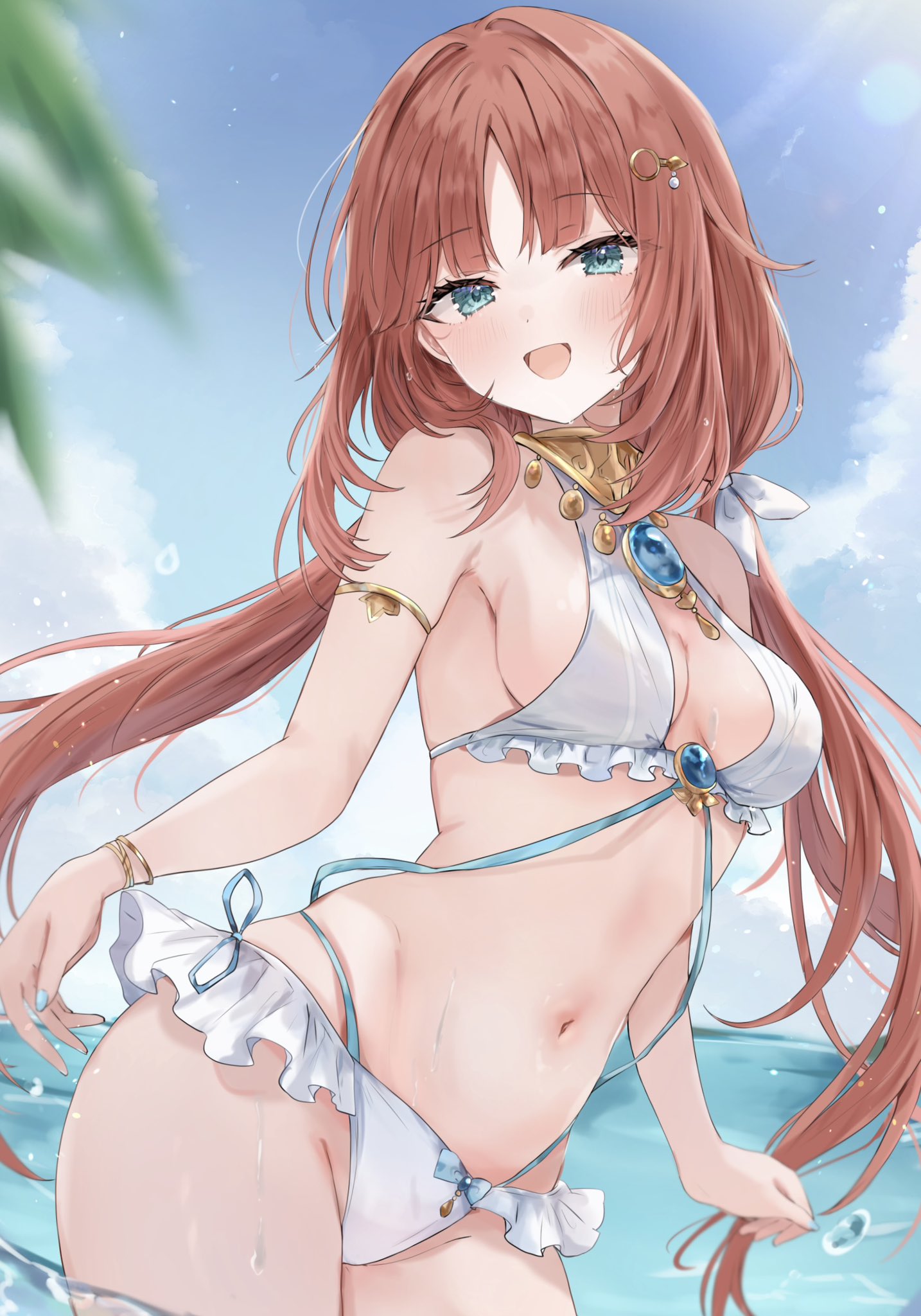 1girls, 2d, 2d (artwork), alternate costume, artist request, bikini, bikini bottom, bikini top, blue eyes, blush, breasts, clouds, day, female, female focus, female only, front view, genshin impact, high resolution, highres, light skin, light-skinned female, long hair, looking at viewer, medium breasts, nilou (genshin impact), ocean, outdoors, red hair, sexy, sky, slim female, smiling, smiling at viewer, solo, solo female, solo focus, standing, standing in water, sumeru girls, summer, swimsuit, two piece swimsuit, water, young, younger female