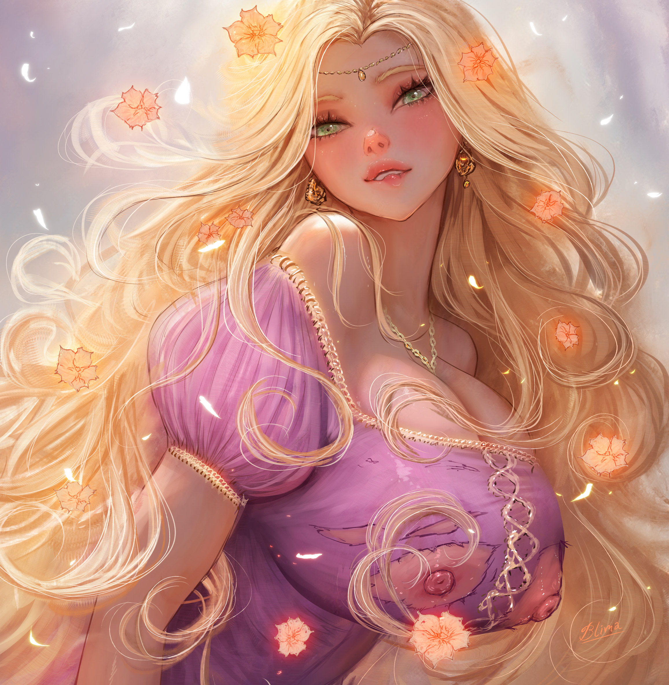 big breasts, big nipples, blimaxxx, blush, breasts, disney, female, female focus, female only, high resolution, huge breasts, large breasts, long hair, looking at viewer, looking pleasured, naked, nipples, nude, nude female, rapunzel, uncensored