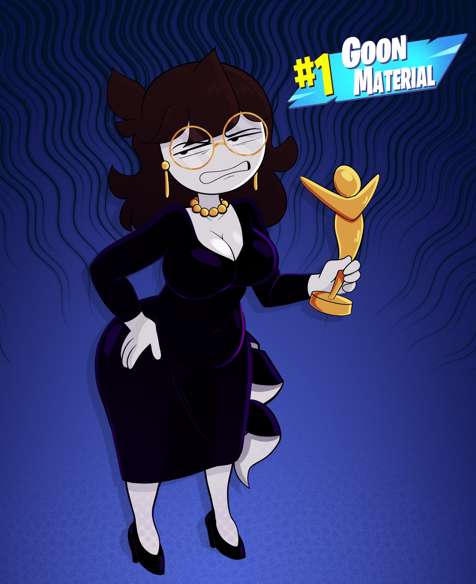 2025, annoyed, annoyed expression, award, big breasts, breasts, cleavage, dark brown hair, dress, earrings, female, fortnite, glasses, hair, heels, jaiden, jaiden animations, jaiden dittfach, necklace, storytime animation, vaz0v, white skin, youtube, youtuber