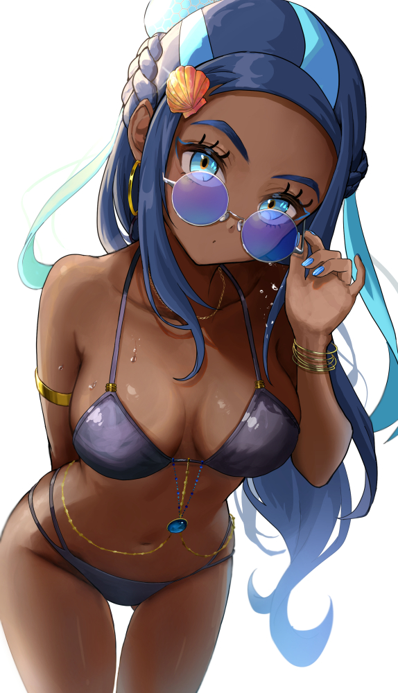 :o, adjusting eyewear, arm behind back, armlet, bikini, black bikini, blue eyes, blue hair, blue nails, blue-tinted eyewear, bracelet, breasts, collarbone, dark skin, dark-skinned female, female, gold bracelet, jewelry, leaning forward, medium breasts, navel, nessa (pokemon), parted lips, pokemon, pokemon swsh, round eyewear, setta shu, shell hair ornament, solo, stomach, sunglasses, swimsuit, tinted eyewear