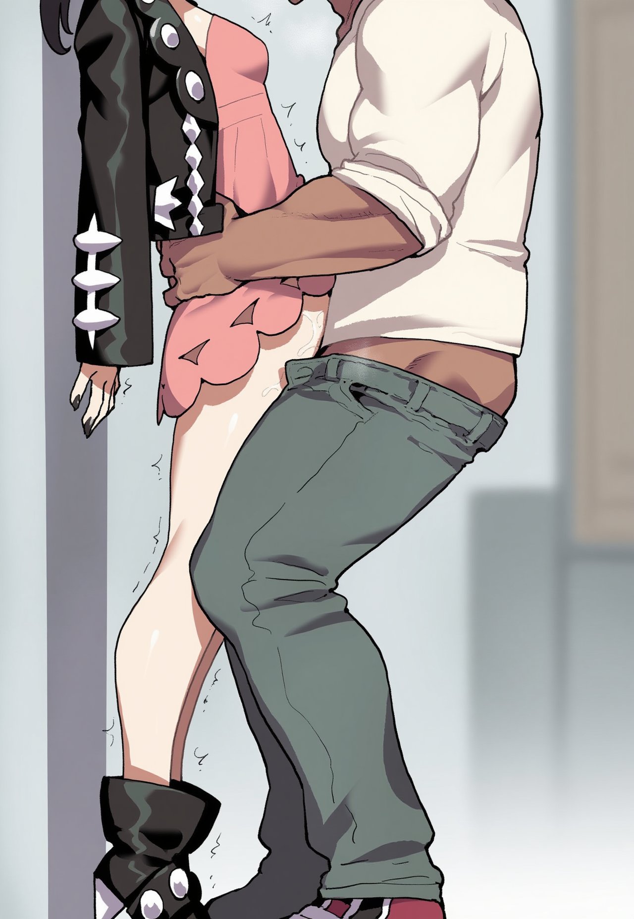1boy, 1girls, ai generated, black footwear, demerzel, female, jacket, long hair, long sleeves, male, marnie (pokemon), nail polish, pants, pink dress, pokemon, pokemon ss, pussy, sex, small breasts, standing, straight, trembling, vaginal penetration