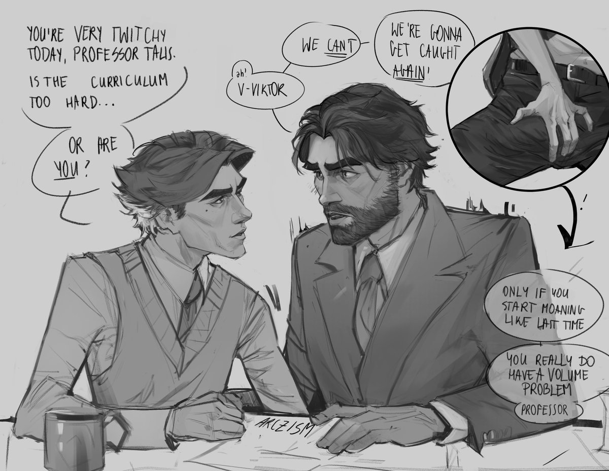 2boys, 2d (artwork), arcane, arcane jayce, arcane viktor, beard, big penis, caught in the act, clothed, clothed male, clothing, dominant male, exhibitionism, gay, gay male, gay sex, grey background, handjob, jayce, jayce talis, league of legends, male, male only, masturbation through clothing, penis, professor, skinny, submissive male, yaoi