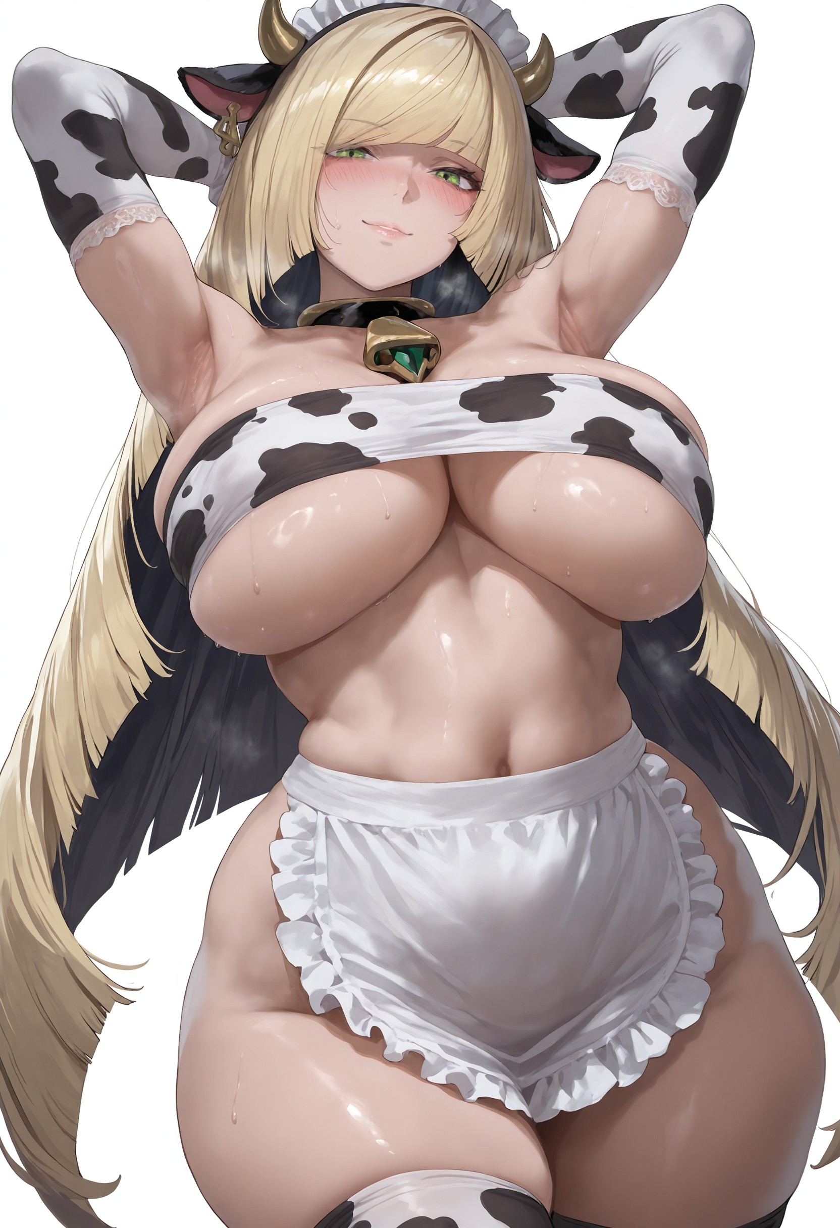 1girls, ai generated, blonde hair, breasts, cow print, female, flyingpancake, game freak, green eyes, hair over one eye, hi res, hips, huge breasts, large breasts, light skin, light-skinned female, long hair, lusamine (pokemon), maid, maid headdress, maid outfit, mature female, milf, mother, nintendo, pokemon, pokemon sm, thick thighs, thighs, wide hips