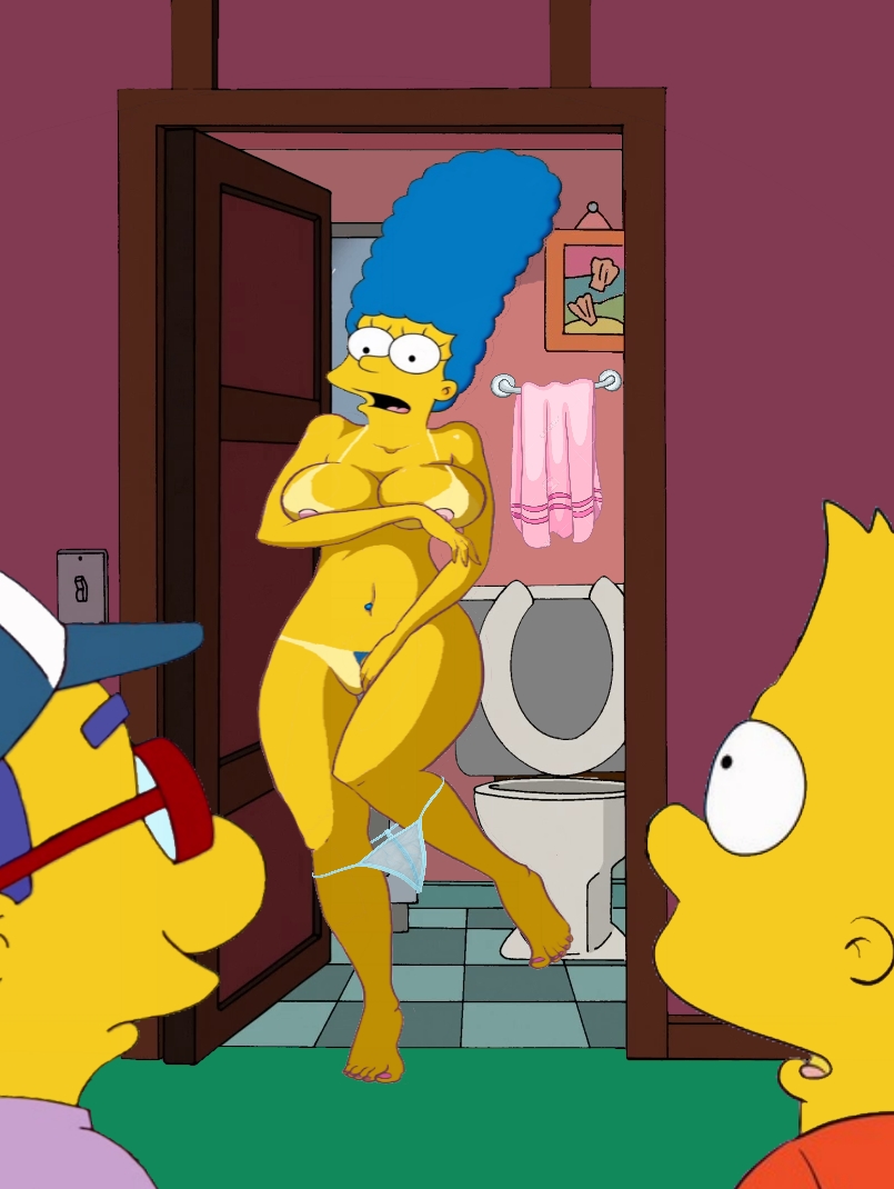 2boys, bart simpson, breasts, covering breasts, covering crotch, embarrassed, embarrassed nude female, enf, female, human, male, marge simpson, milhouse van houten, mother and son, the simpsons