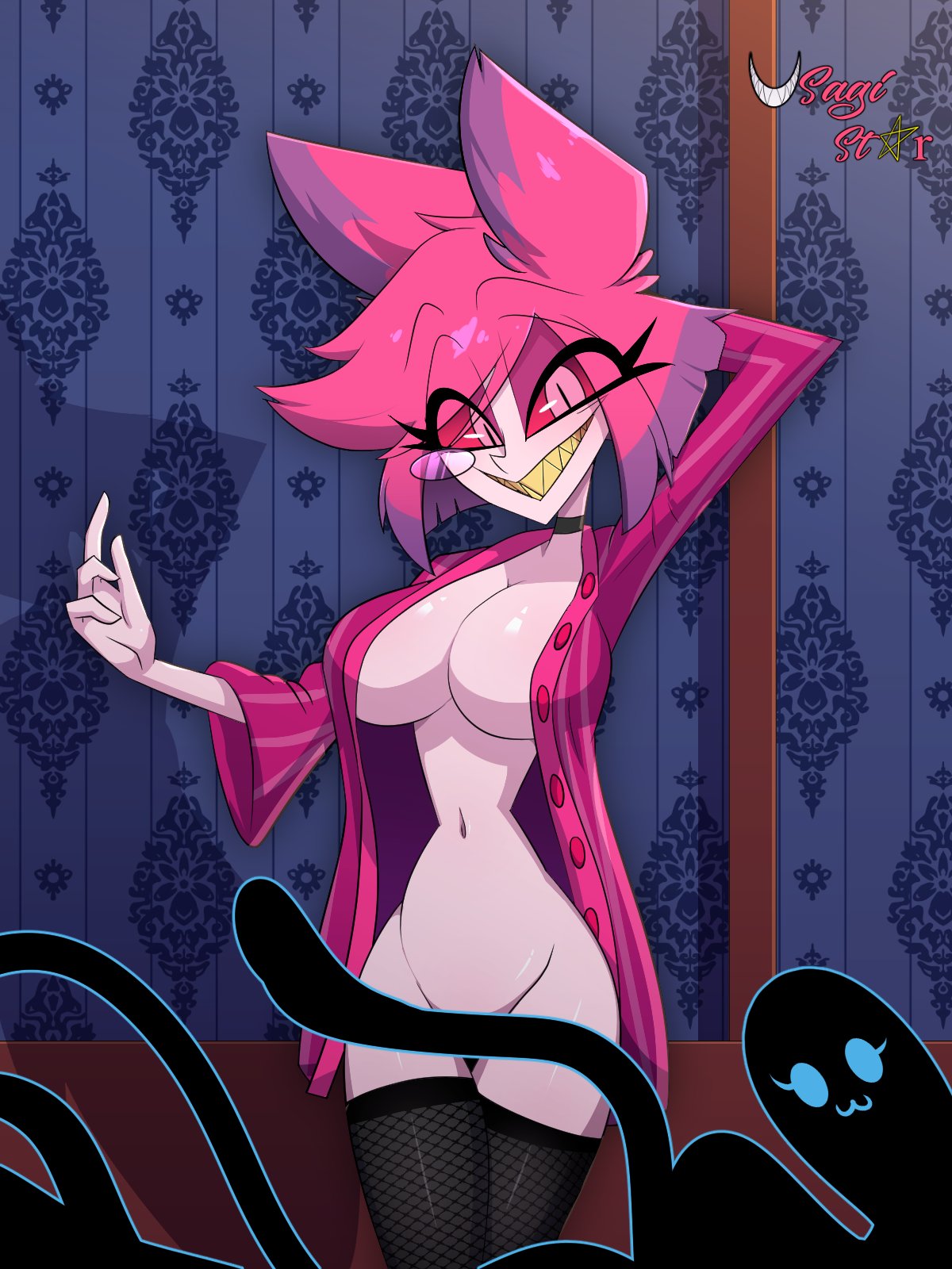 alastor (hazbin hotel), alastoria (hazbin hotel), belly button, big breasts, big ears, blouse, blouse partially removed, breasts, deer, deer ears, demon, demon girl, female, female alastor, grin, hazbin hotel, sharp teeth, tentacle, thick thighs, thighhighs, usagi star