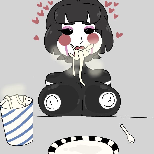 black body, black hair, breasts, cum in mouth, cum on mouth, female, five nights at freddy's, five nights at freddy's 2, fnaf, heart symbol, hyper, hyper sperm, looking down, marionette (fnaf), milkbuni, plate, puppet (fnaf), puppet (thepuppetlover), red lips, red lipstick, solo, steamy, stripes, white face