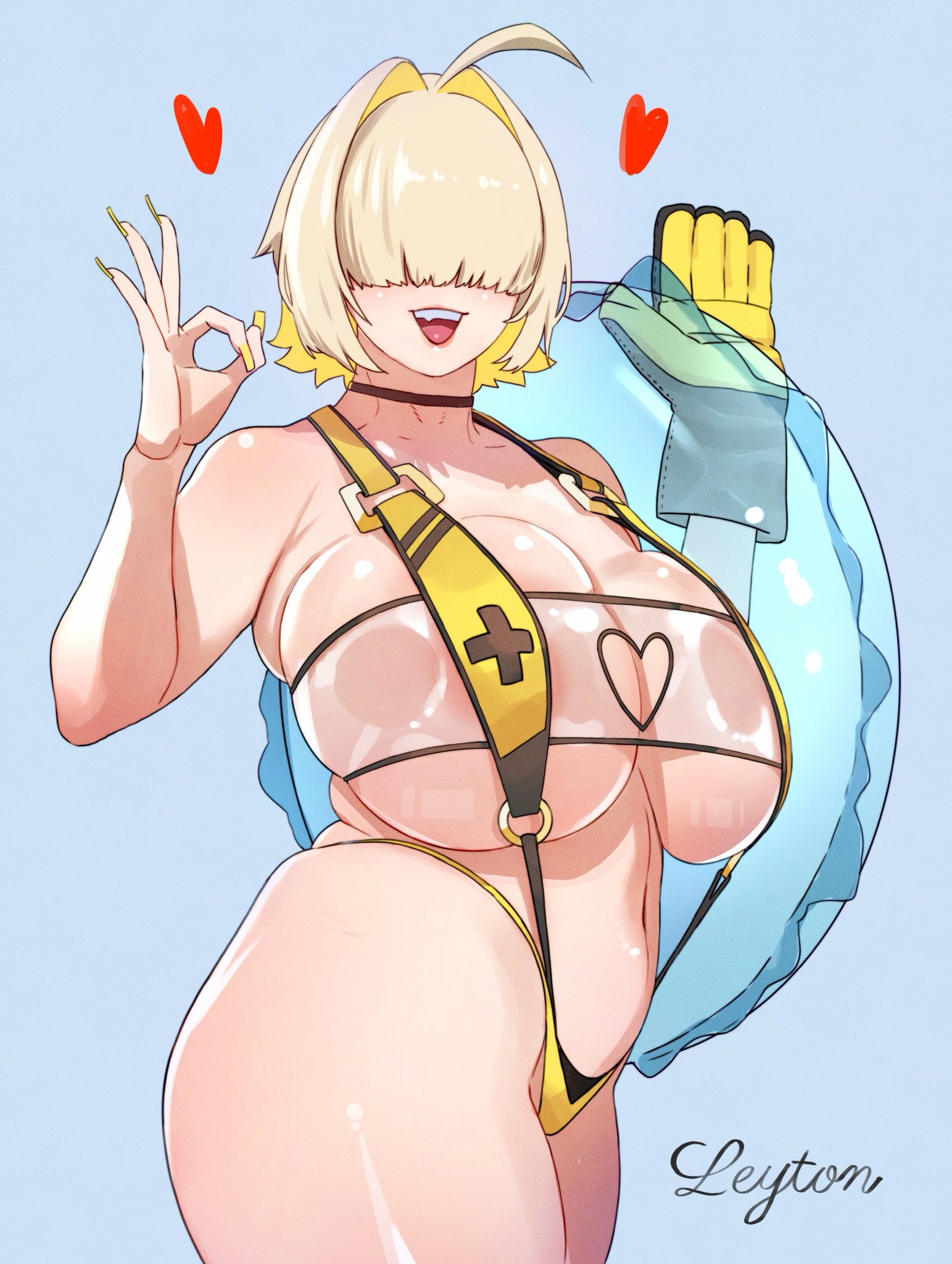 ahoge, areola slip, artist name, black choker, blonde hair, blue background, breast press, breasts, choker, cleavage, clothing cutout, covered eyes, elegg (boom and shock) (nikke), elegg (nikke), fang, female, fingernails, from side, gloves, goddess of victory: nikke, hair intakes, hair over eyes, heart, heart cutout, holding, holding swim ring, huge breasts, innertube, leyton, leyton oekaki, lips, long fingernails, ok sign, open mouth, plump, short hair, signature, single glove, skindentation, slingshot swimsuit, smile, solo, standing, swim ring, swimsuit, yellow gloves, yellow nails, yellow slingshot swimsuit