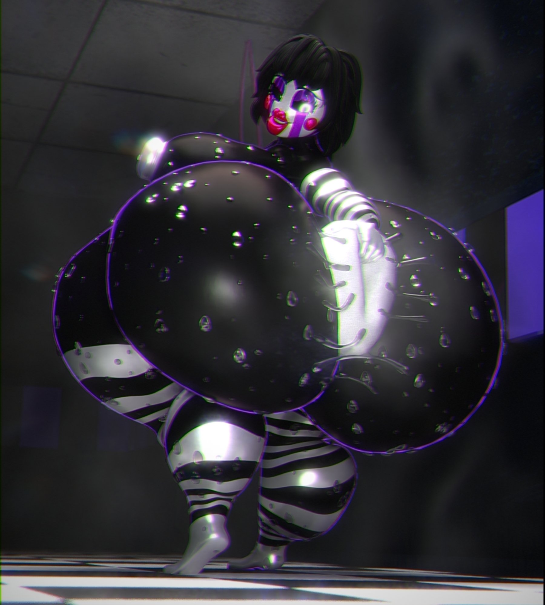1girls, 3d, 3d (artwork), alternate version available, anus, anus spread, ass, black body, black hair, breasts, donut anus, female, five nights at freddy's, five nights at freddy's 2, fnaf, grabbing ass, hips, huge ass, huge thighs, hyper ass, marionette (fnaf), outie anus, puppet (fnaf), puppet (thepuppetlover), qzk forte, solo, stripes, surprised expression, sweat, sweaty, tagme, thick thighs, wet, white face