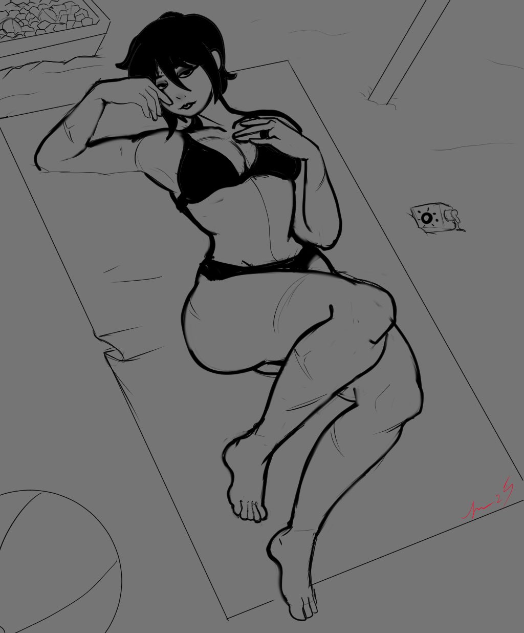1girls, 2d, 2d (artwork), asian, asian female, barefoot, batgirl, batgirl (cassandra cain), batman (series), beach, big breasts, bikini, black bikini, black hair, black-haired female, breasts, cassandra cain, clothed, clothed female, dc, dc comics, female, female focus, female only, laying on back, light skin, light-skinned female, looking at viewer, pin-up, short hair, short-haired female, solo, solo female, solo focus, thirstyradio666, towel