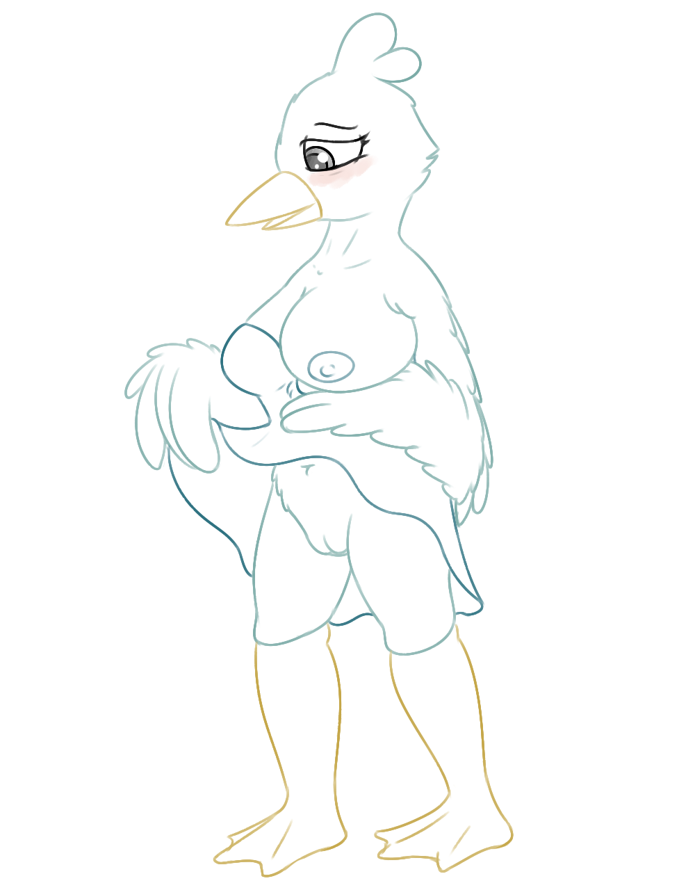 anthro ass avian beak bird blue_fur blush bottomless breasts chest_tuft clothed clothing dress duck ducklett erect_nipples feathers female fluffy fur grey_eyes half-dressed head_tuft navel nintendo nipples nude open_mouth pokemon posexe presenting presenting_hindquarters pussy revealing showing simple_background smile solo solo_focus tuft video_games white_background wings