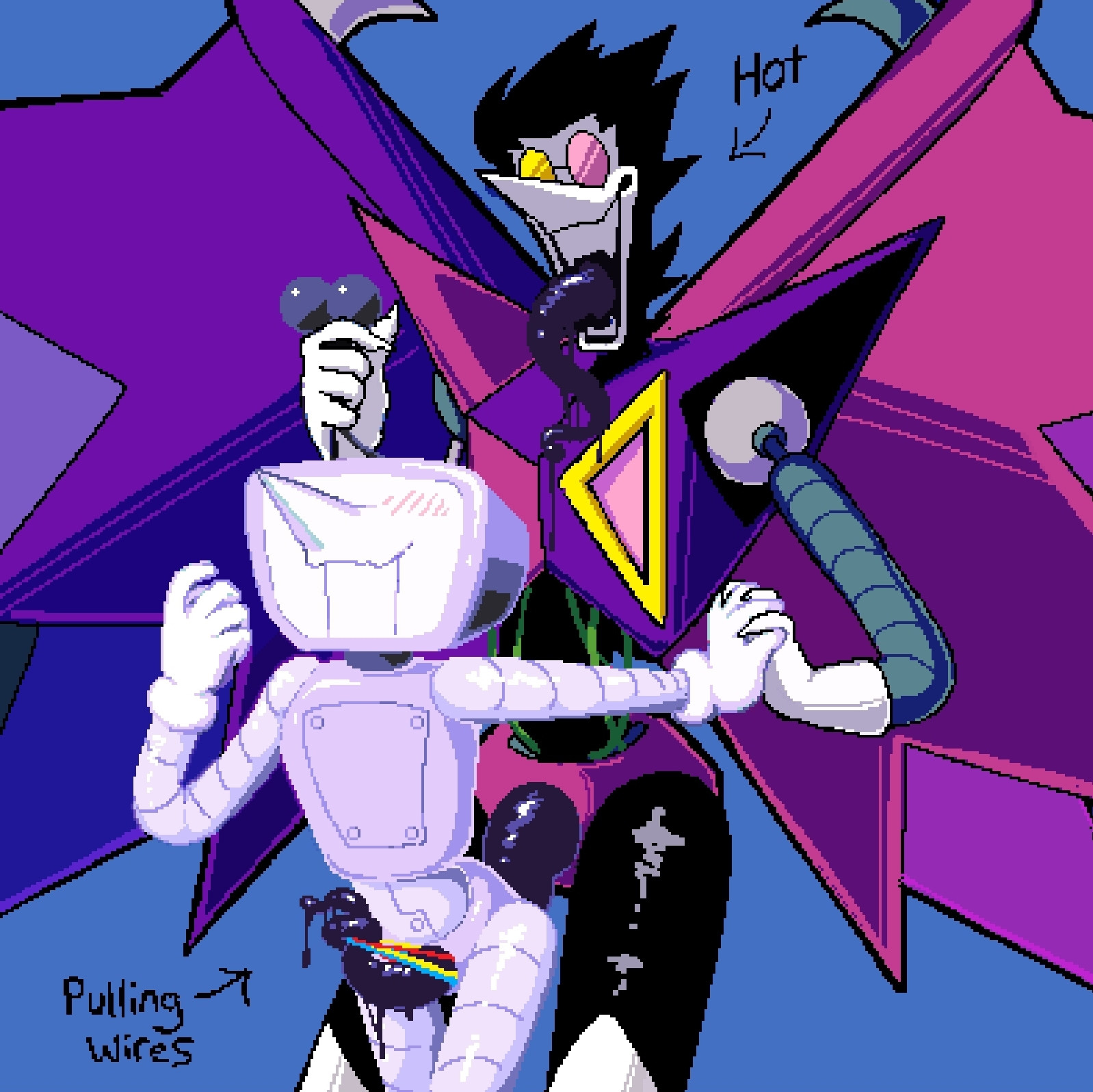 2boys, addispamtenna, antenna pulling, deltarune, deltarune chapter 2, deltarune chapter 3, hand holding, long tongue, male, no humans, object head, penis, pixel art, robot, robot boy, robot humanoid, spamton g spamton, spamton neo, tenna (deltarune), tentacle, tentacle dick, tentadick, tv head, undertale (series), wire, wireplay, wires, yaoi