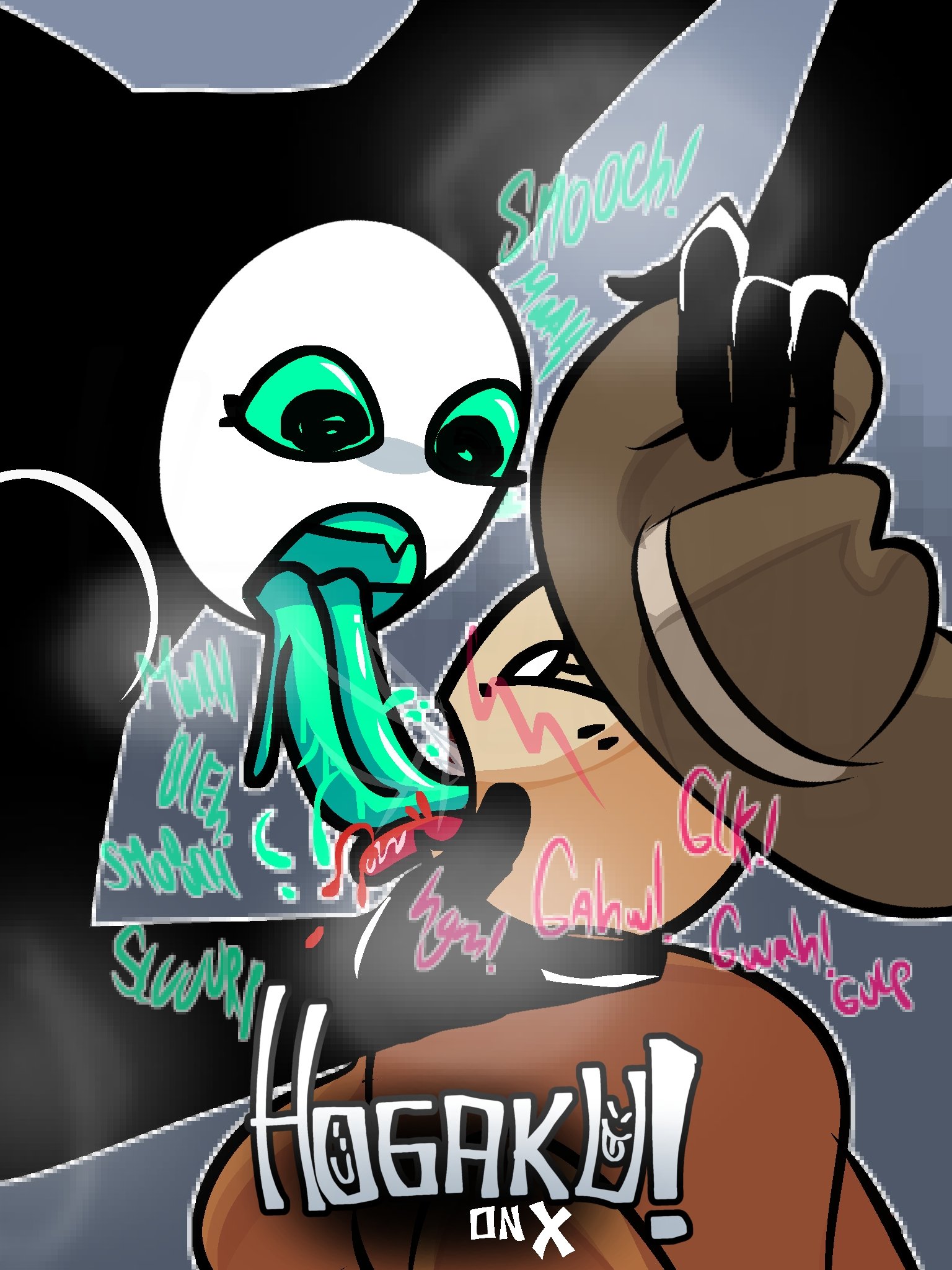 2girls, artist name, artist signature, die of death (roblox), extreme french kiss, female, female only, female/female, hogaku, kissing, long tongue, onomatopoeia, pursuer (die of death), revolver (die of death), roblox, roblox game, robloxian, tagme, tongue, tongue out, yuri
