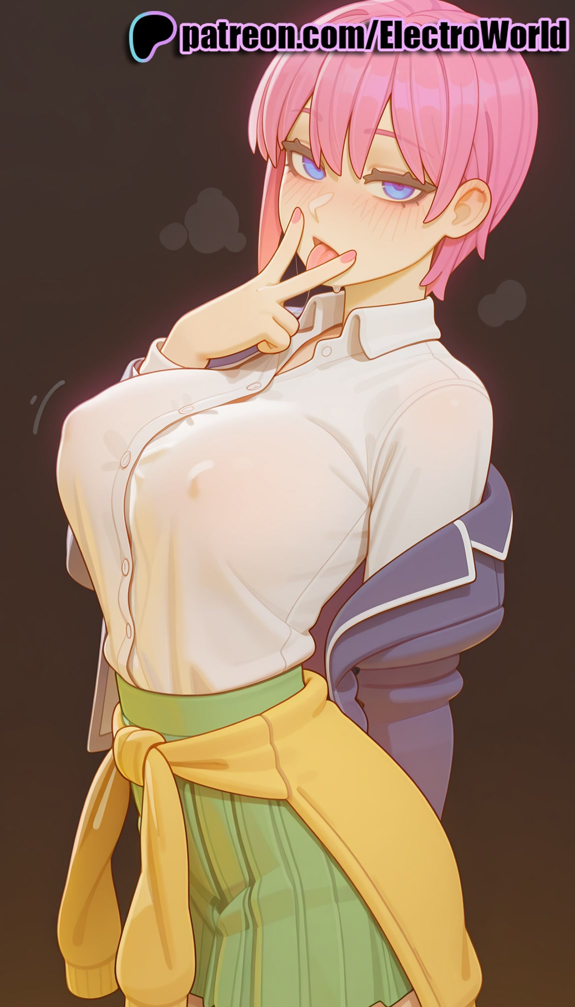 1girls, 2025, ai generated, artist name, big breasts, big chest, blue eyes, blush, breasts, breath, brown background, bust, busty, chest, clothes around waist, covered nipples, electroworld, female, go-toubun no hanayome, green skirt, heavy breathing, hi res, high quality, high resolution, highres, jacket, large breasts, looking at viewer, nakano ichika, off shoulder, open mouth, patreon, patreon username, pink hair, see-through, shirt, short hair, skirt, solo, stable diffusion, steaming body, watermark, white shirt