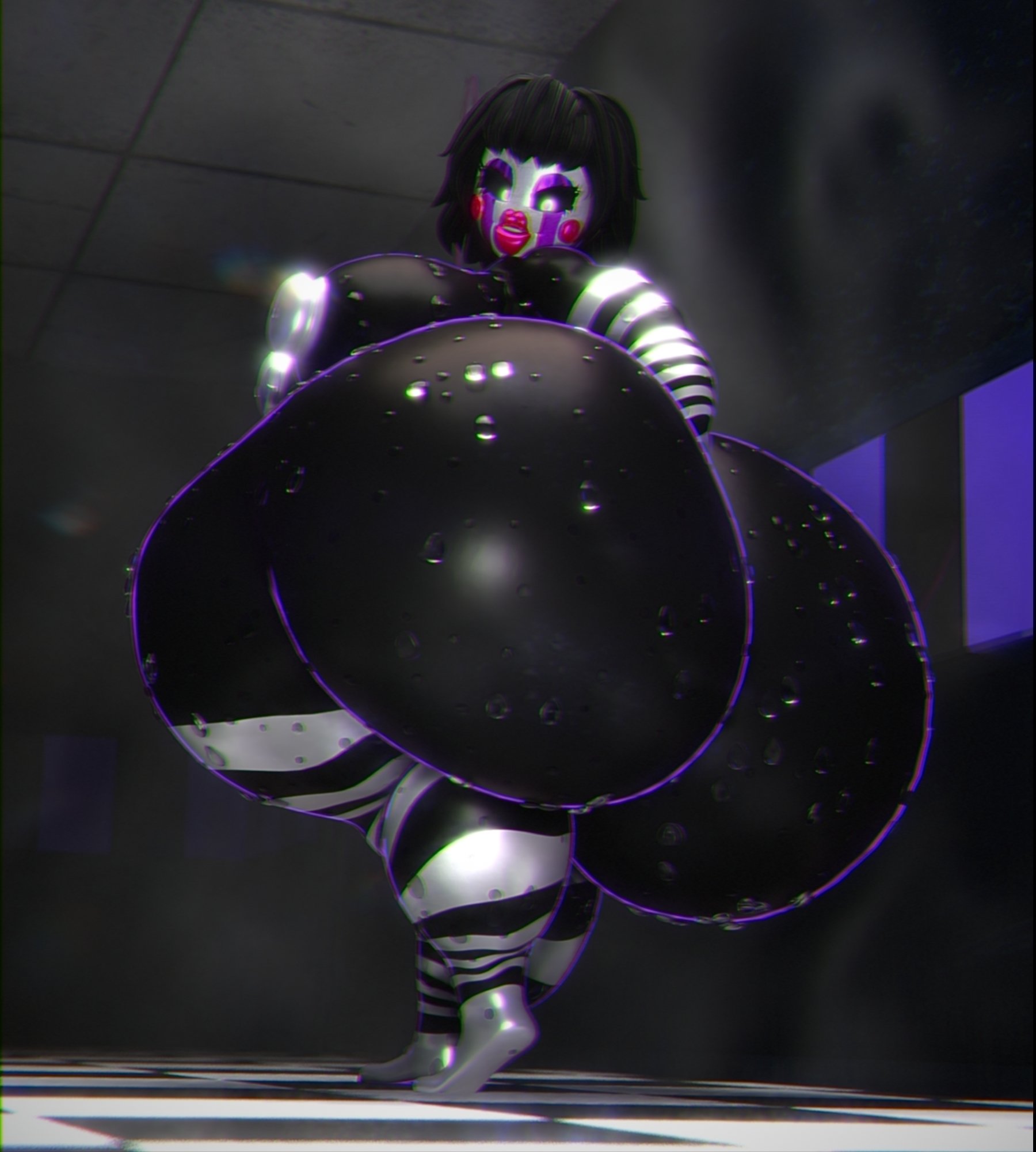 1girls, 3d, 3d (artwork), ass, black body, black hair, breasts, female, five nights at freddy's, five nights at freddy's 2, fnaf, hips, huge ass, huge thighs, hyper ass, marionette (fnaf), puppet (fnaf), puppet (thepuppetlover), qzk forte, solo, stripes, surprised expression, sweat, sweaty, tagme, thick thighs, wet, white face